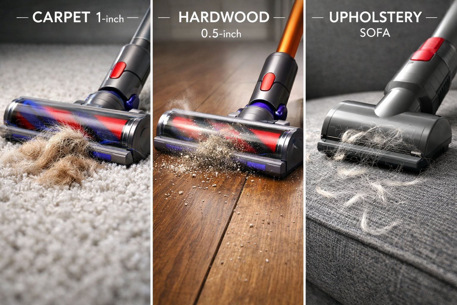 action photography showing the Dyson Cyclone V10 Animal cordless vacuum in use across three distinct surface panels: left third shows deep carpet cleaning with visible suction pulling pet hair, center shows hardwood floor cleaning with fine dust particles, right third shows upholstery attachment removing dog hair from a gray sofa. Dynamic motion blur on the vacuum head, bright studio lighting, pet hair particles visually highlighted, professional cleaning demonstration aesthetic with measurement annotations.