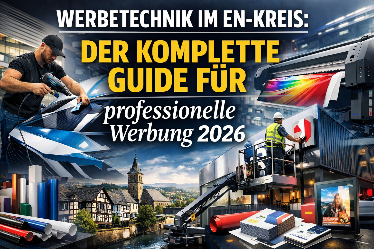 Professional hero image with bold text overlay: "Werbetechnik im EN-Kreis: Der komplette Guide für professionelle Werbung 2026". Modern desi