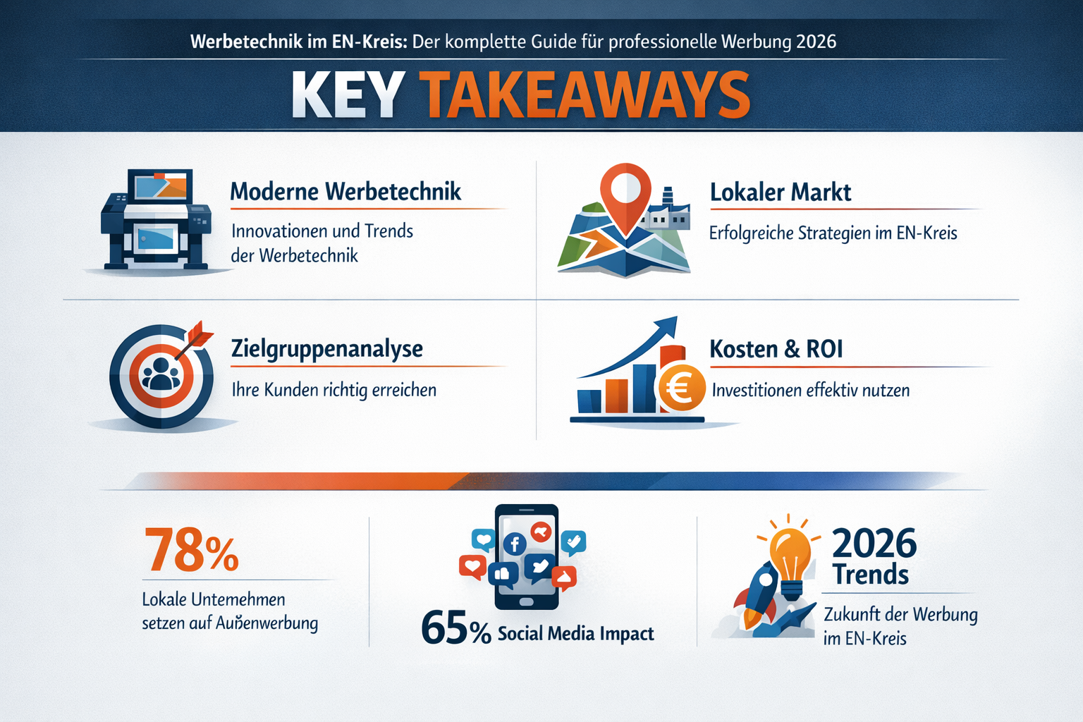 Professional infographic for article "Werbetechnik im EN-Kreis: Der komplette Guide für professionelle Werbung 2026", section: "Key Takeaway