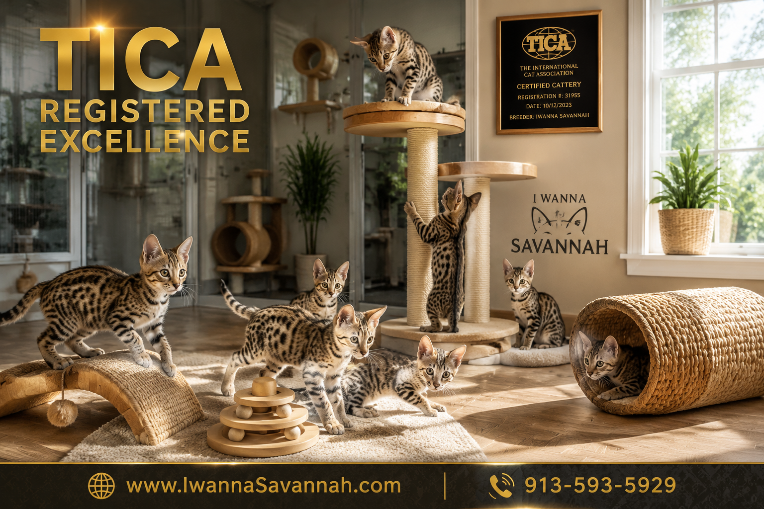 () editorial image of a professional TICA-registered cattery interior showing multiple Savannah kittens of different