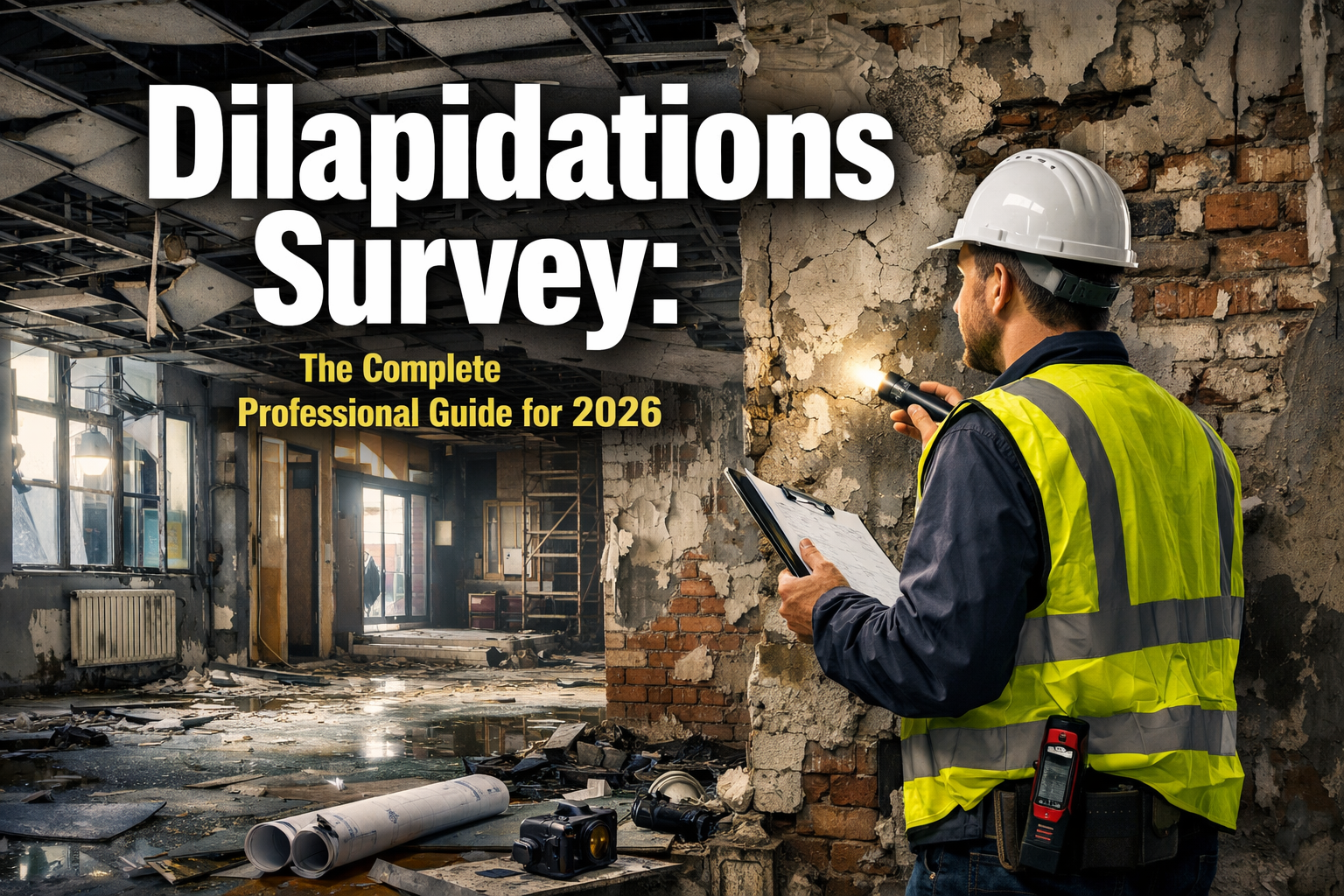 Professional hero image with bold text overlay: "Dilapidations Survey: The Complete Professional Guide for 2026". Modern design, high contra