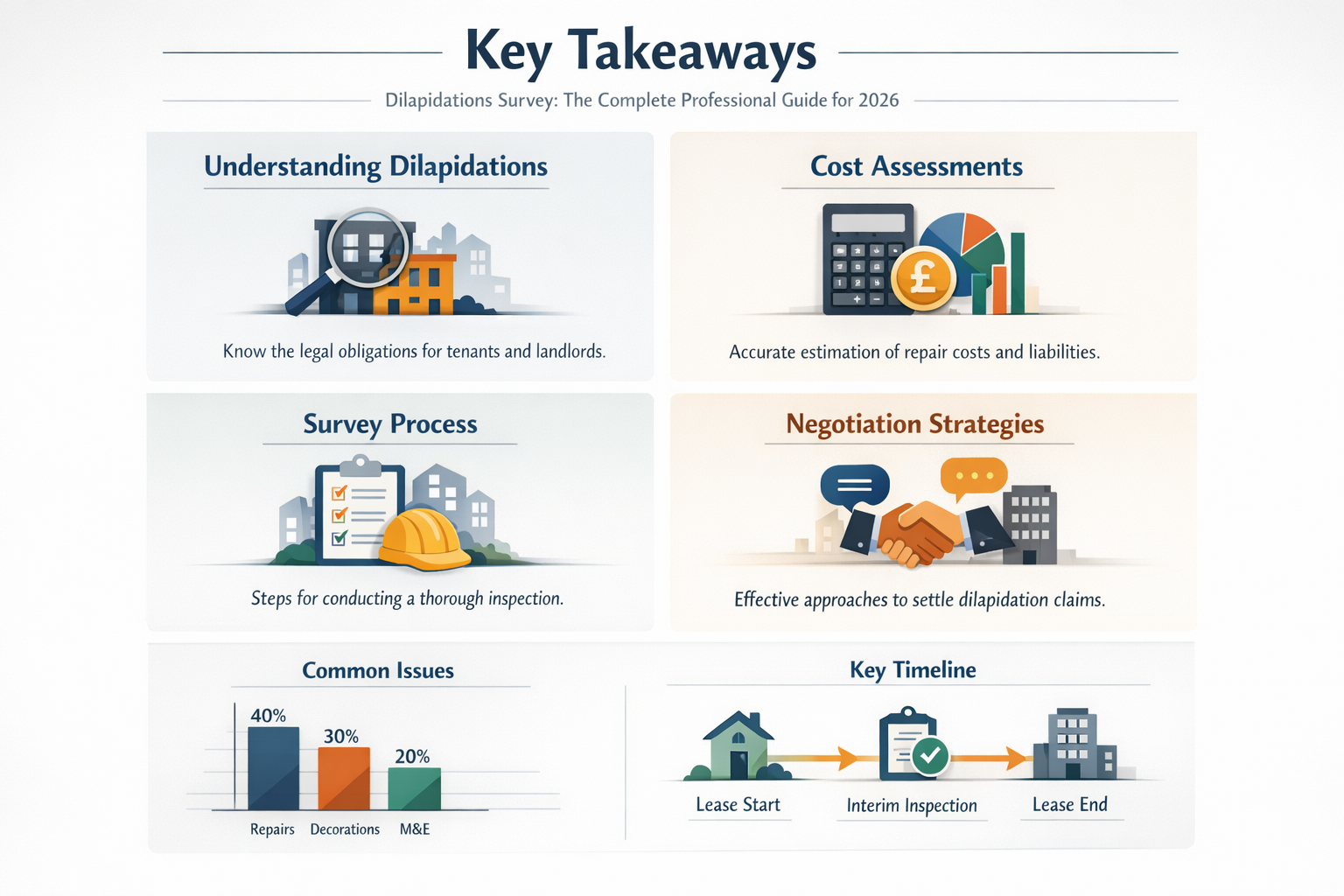 Professional infographic for article "Dilapidations Survey: The Complete Professional Guide for 2026", section: "Key Takeaways". Include rel