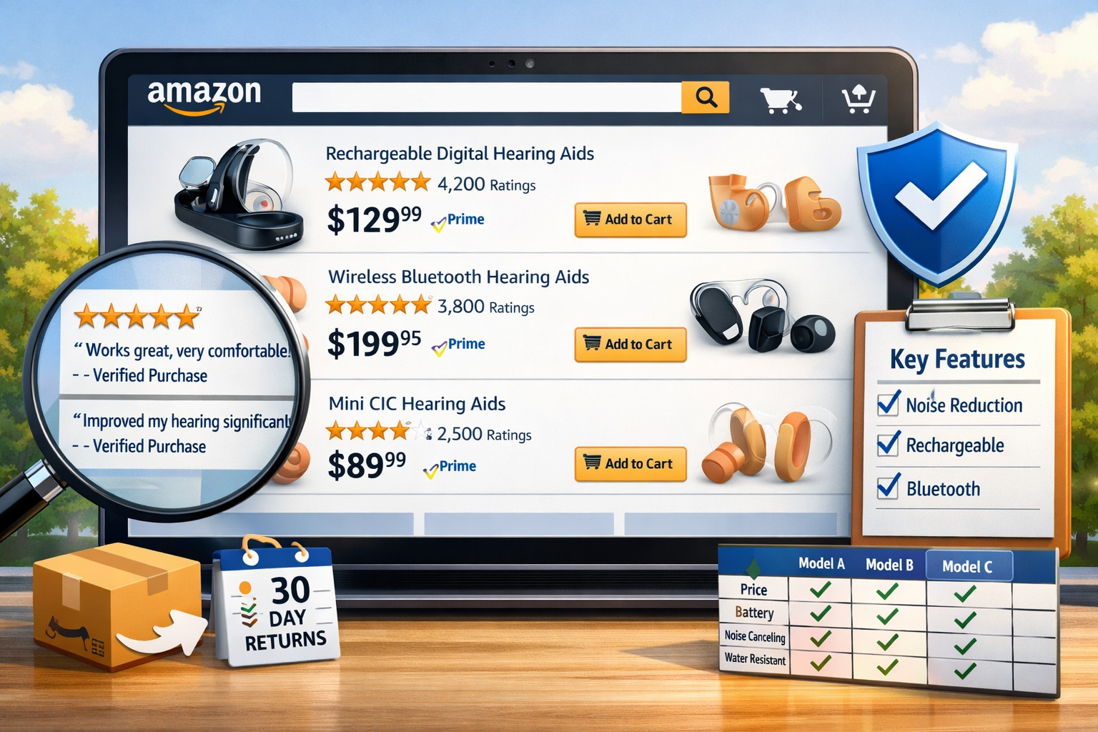 Professional landscape illustration (1536x1024) depicting Amazon shopping interface on large tablet screen showing hearing aid product listi