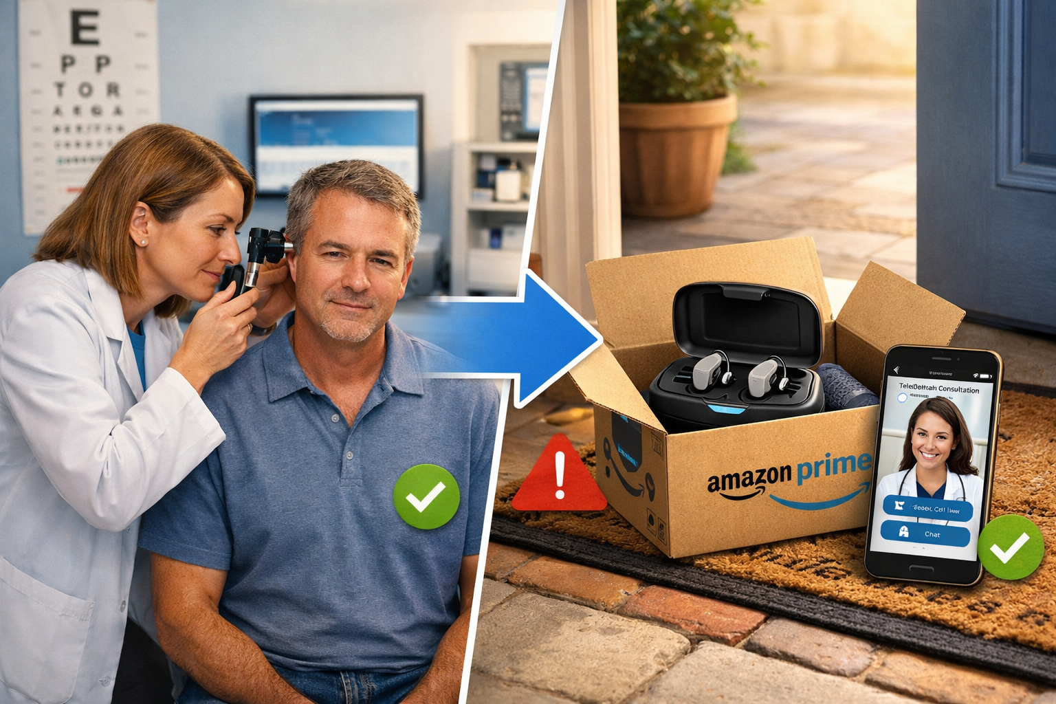 Detailed landscape image (1536x1024) showing healthcare professional consultation scene merged with Amazon delivery concept. Split compositi
