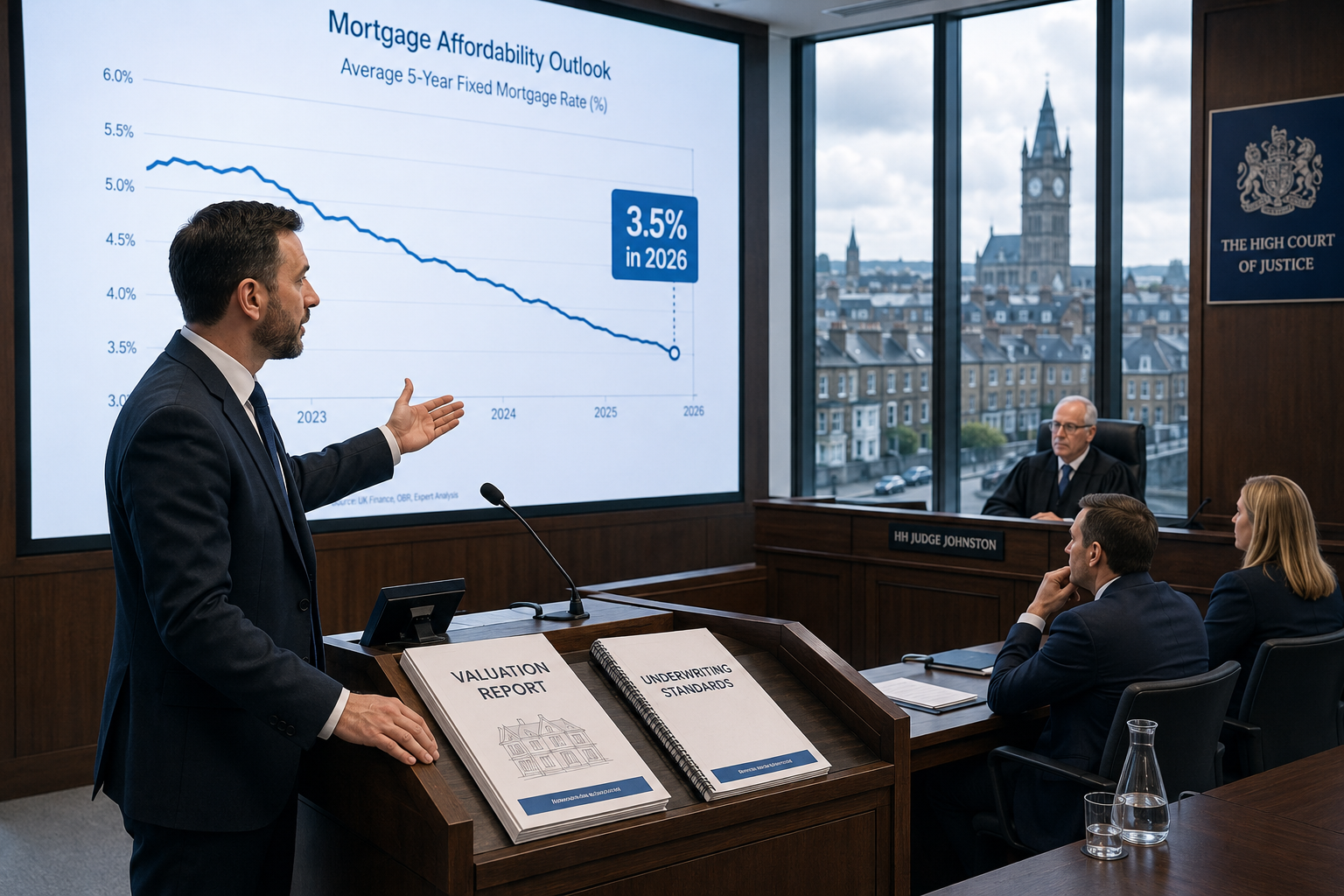 Wide-angle editorial illustration showing a professional male expert witness in a dark suit standing at a courtroom podium,