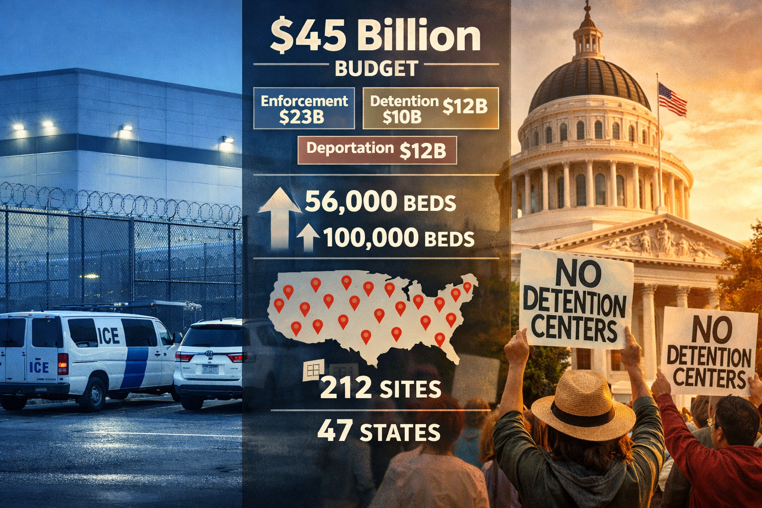 Landscape format (1536x1024) editorial image showing split-screen composition: left side displays modern warehouse exterior with ICE vehicle