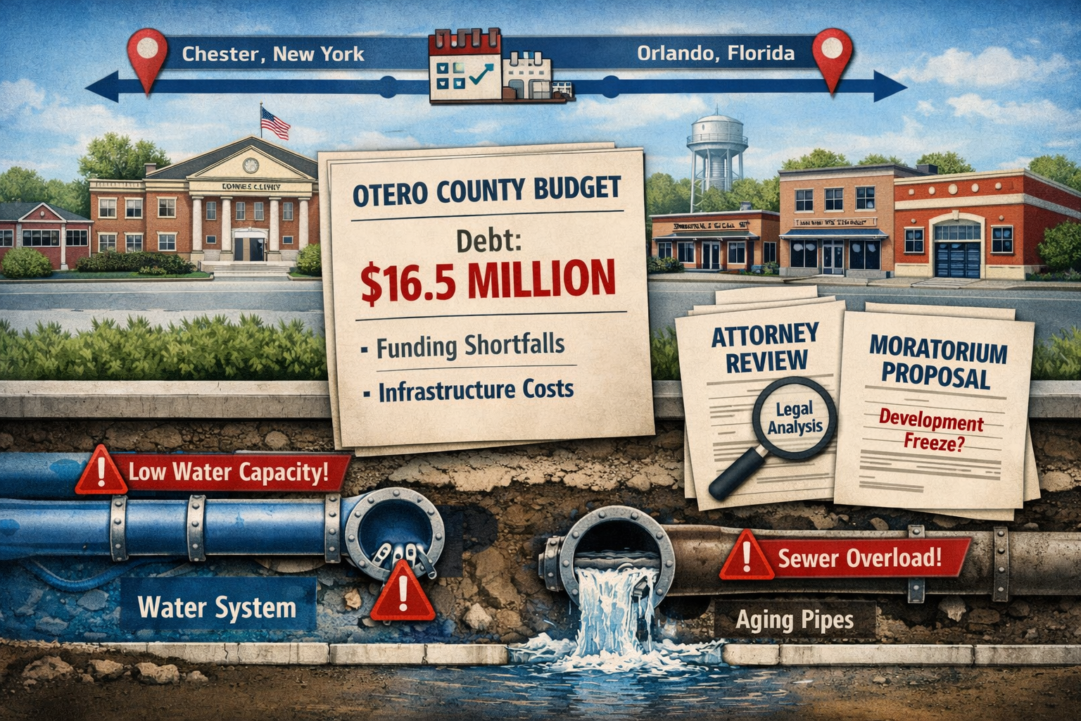 Landscape format (1536x1024) detailed infographic-style image showing municipal infrastructure challenges: foreground features cross-section