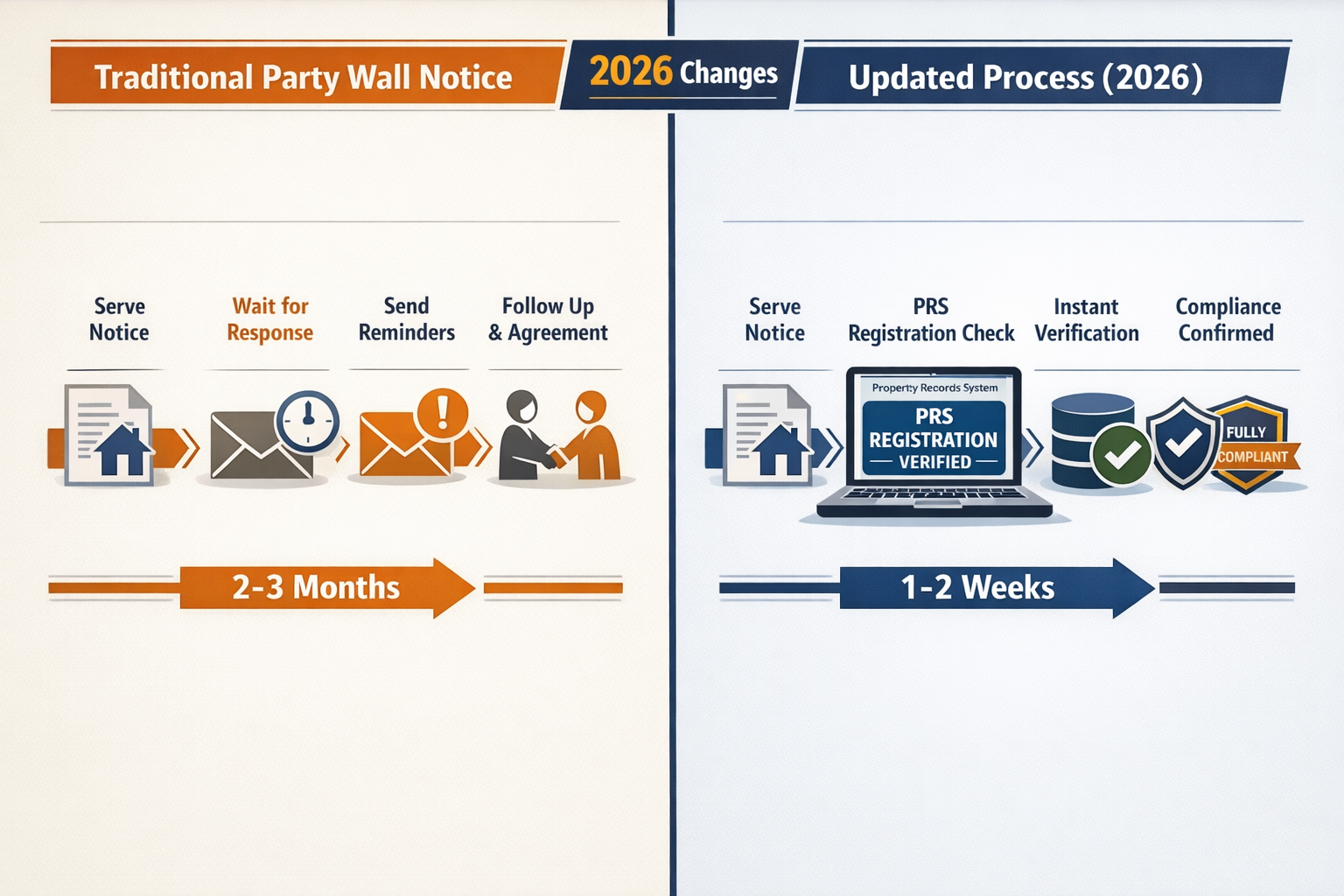 Detailed () image depicting side-by-side comparison infographic style visual: left panel shows traditional party wall notice