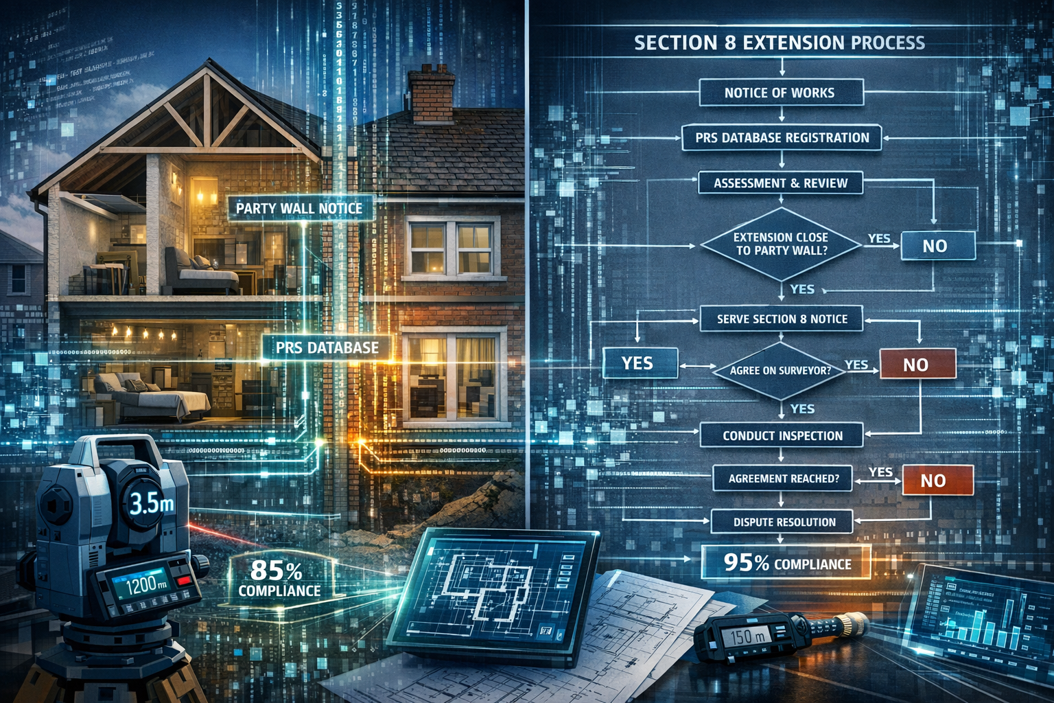 Complex architectural visualization depicting Party Wall Notice interactions with PRS Database Registration system, showing