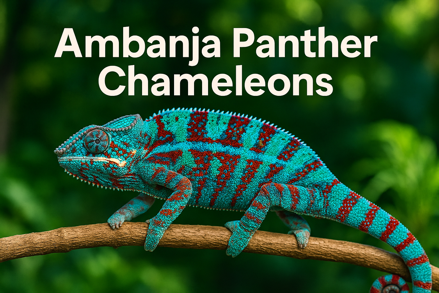 Professional landscape hero image (1536x1024) featuring stunning Ambanja panther chameleon with vibrant blue-green base coloration and disti
