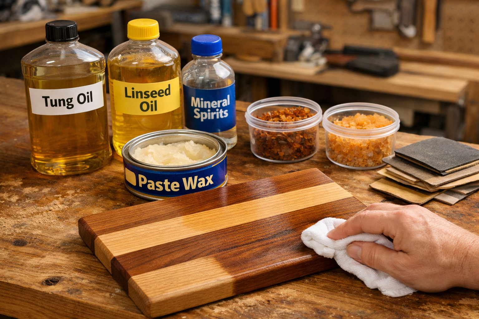 Detailed () image showing a well-organized workbench with various budget-friendly wood finishing supplies laid out: bottles