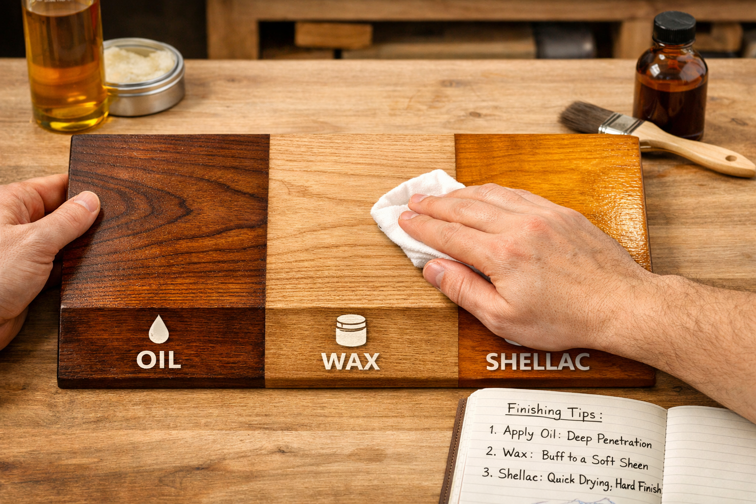 Detailed () image illustrating the application of different finishes side-by-side on a single piece of wood, perhaps a