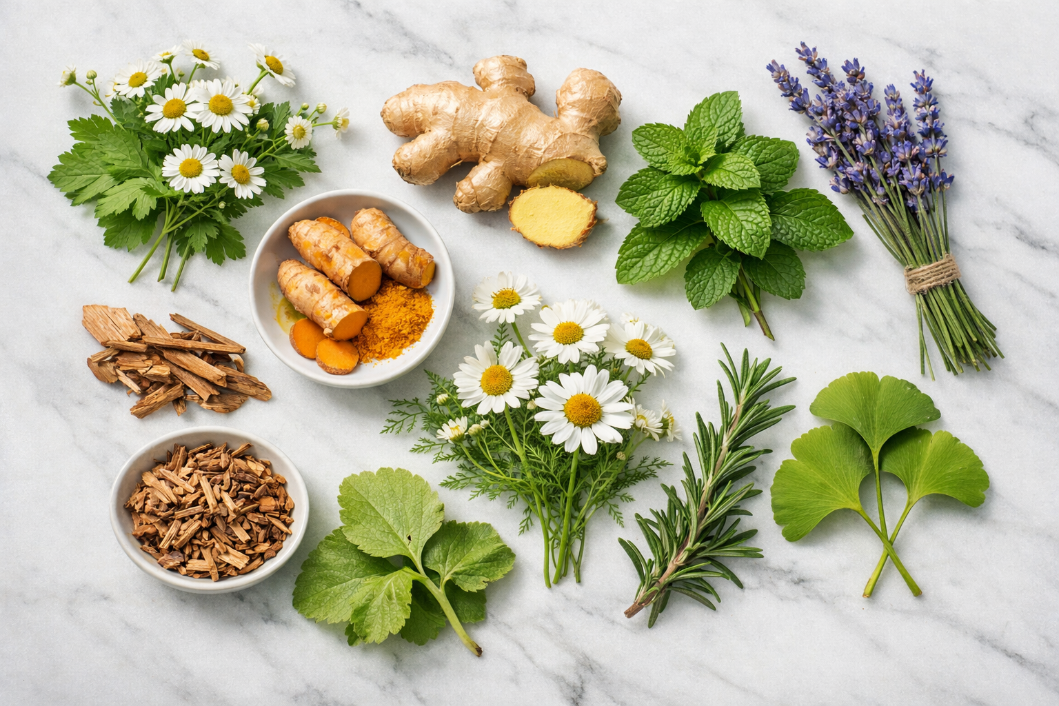 Professional hero image: flat-lay arrangement of 10 fresh herbs including feverfew, ginger root, peppermint, lavender,