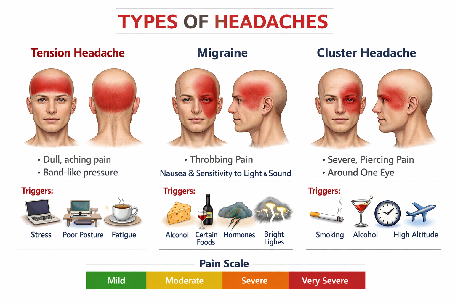 Detailed anatomical-style infographic showing three headache types (tension, migraine, cluster) with pain location diagrams,