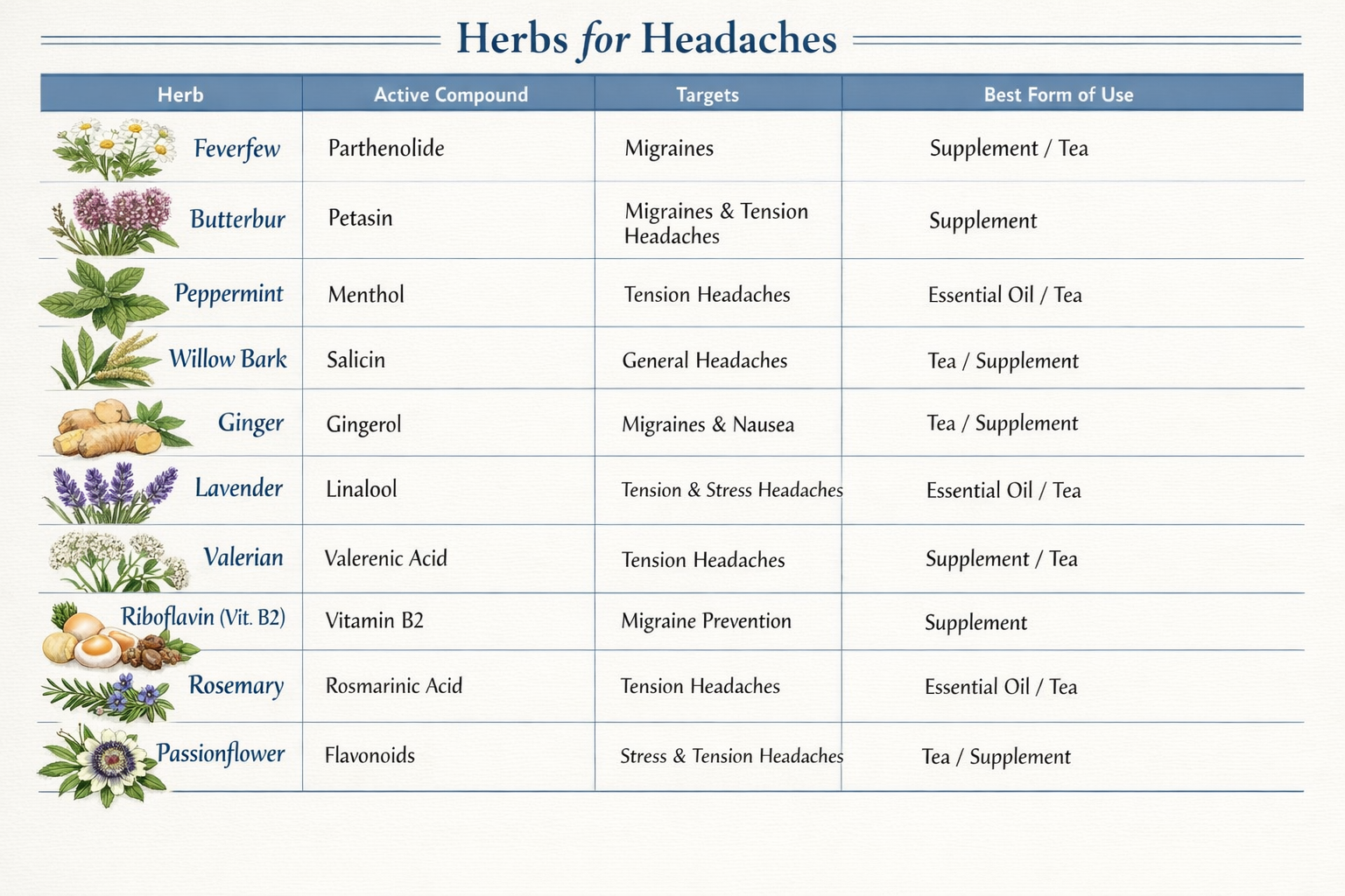 Visual comparison chart of 10 herbs for headaches: herb name, active compound, headache type it targets, and best form of
