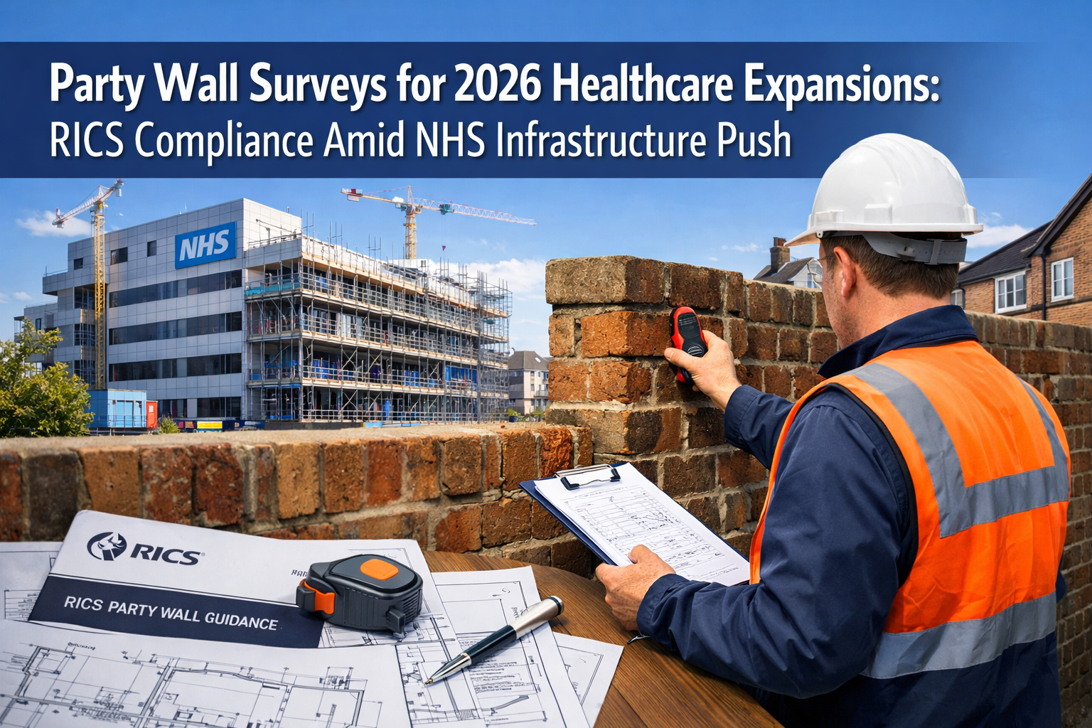 Professional landscape format (1536x1024) hero image featuring bold text overlay 'Party Wall Surveys for 2026 Healthcare Expansions: RICS Co