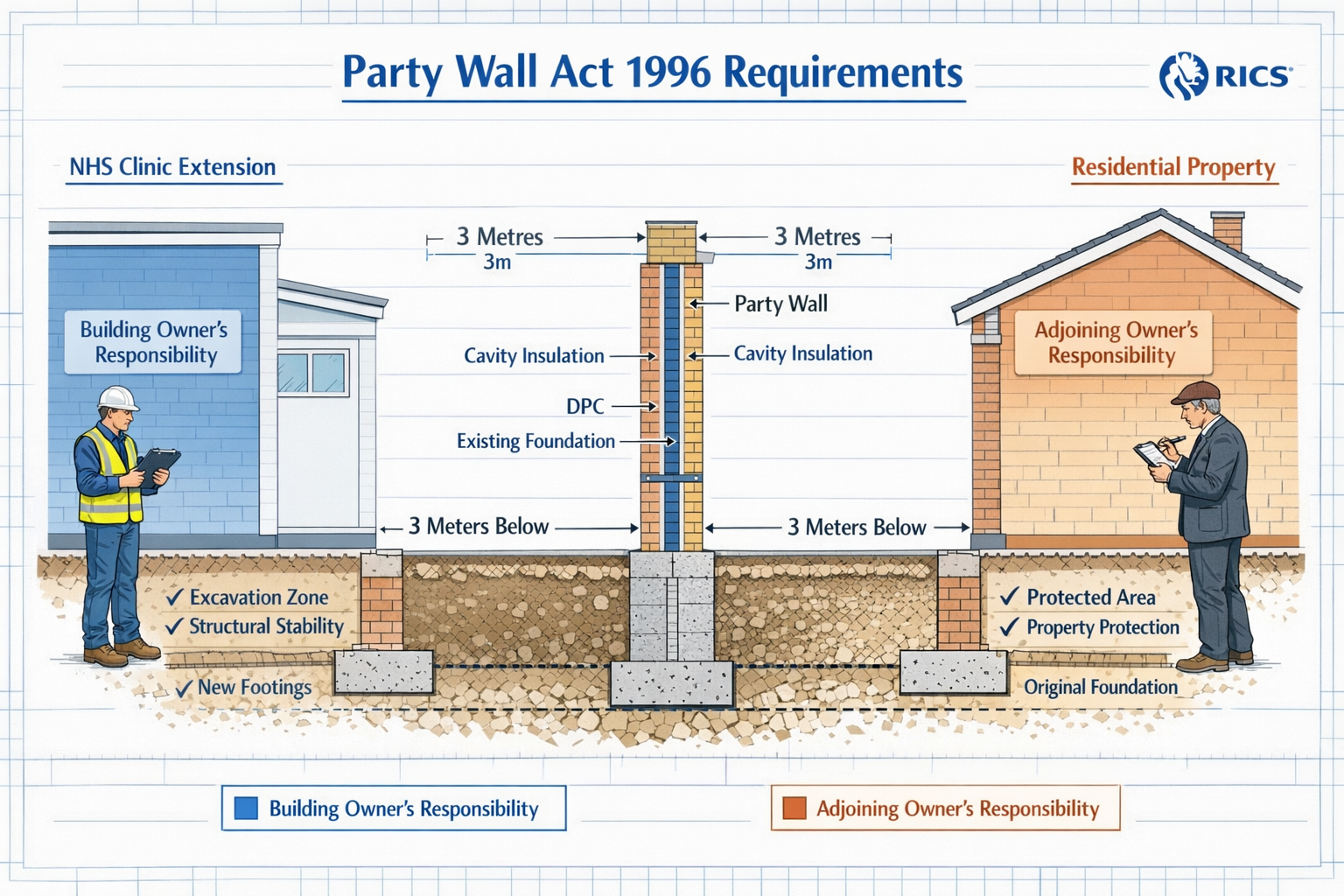 Landscape format (1536x1024) detailed illustration showing cross-section diagram of party wall between NHS clinic extension and neighboring