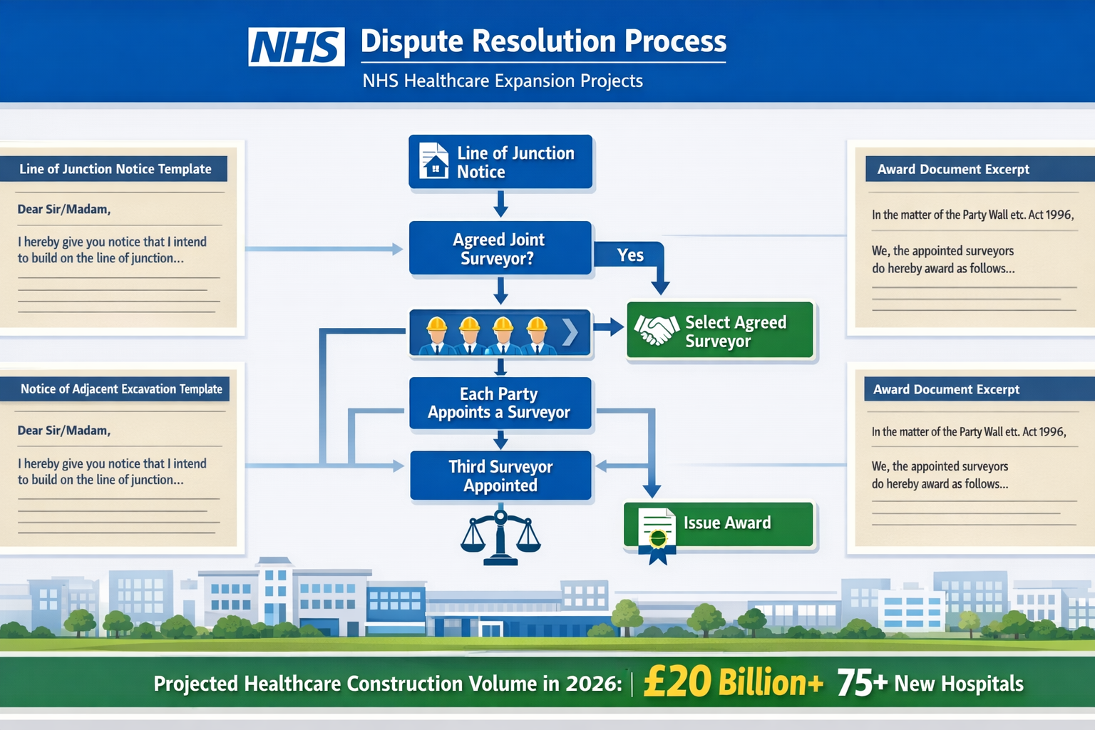 Landscape format (1536x1024) infographic-style image showing dispute resolution process flowchart for NHS healthcare expansion projects. Cen
