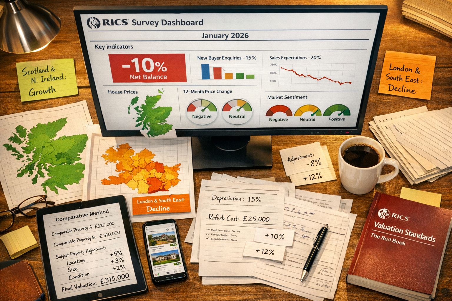 Detailed () image showing professional surveyor's desk workspace with multiple data sources: large monitor displaying RICS