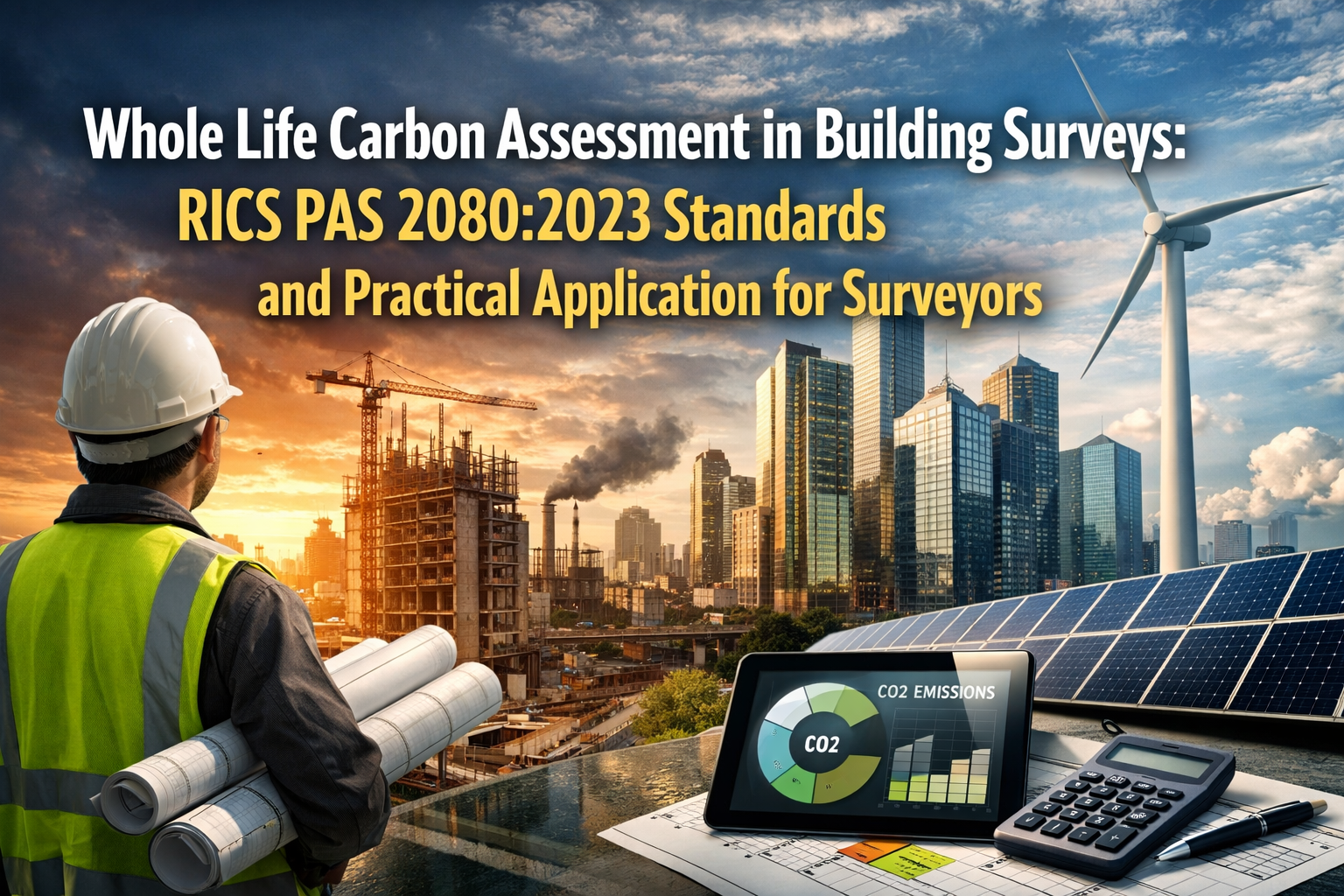 Professional landscape hero image () with : "Whole Life Carbon Assessment in Building Surveys: RICS PAS 2080:2023 Standards
