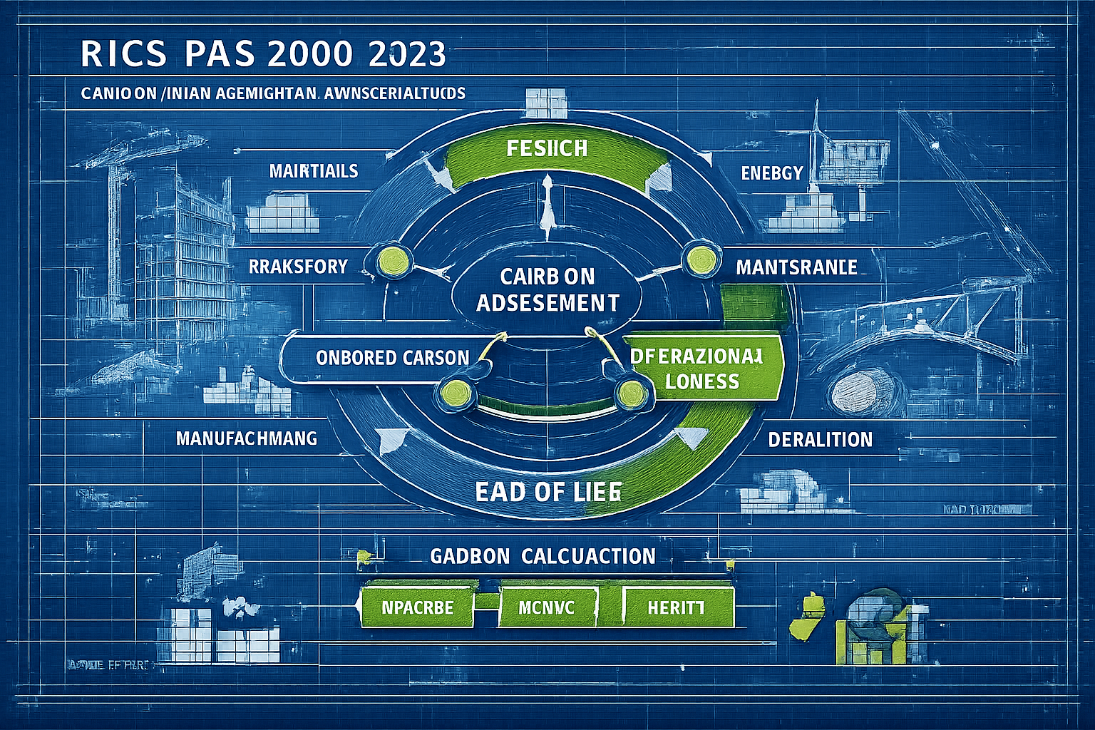 Technical editorial illustration depicting RICS PAS 2080:2023 framework as an intricate architectural blueprint, with