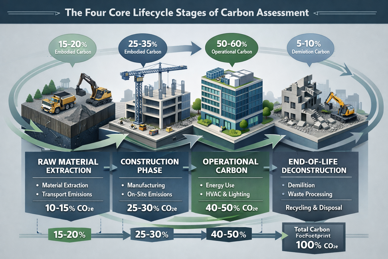 Comprehensive infographic mapping the 'Four Core Lifecycle Stages' of carbon assessment, with each stage represented as a