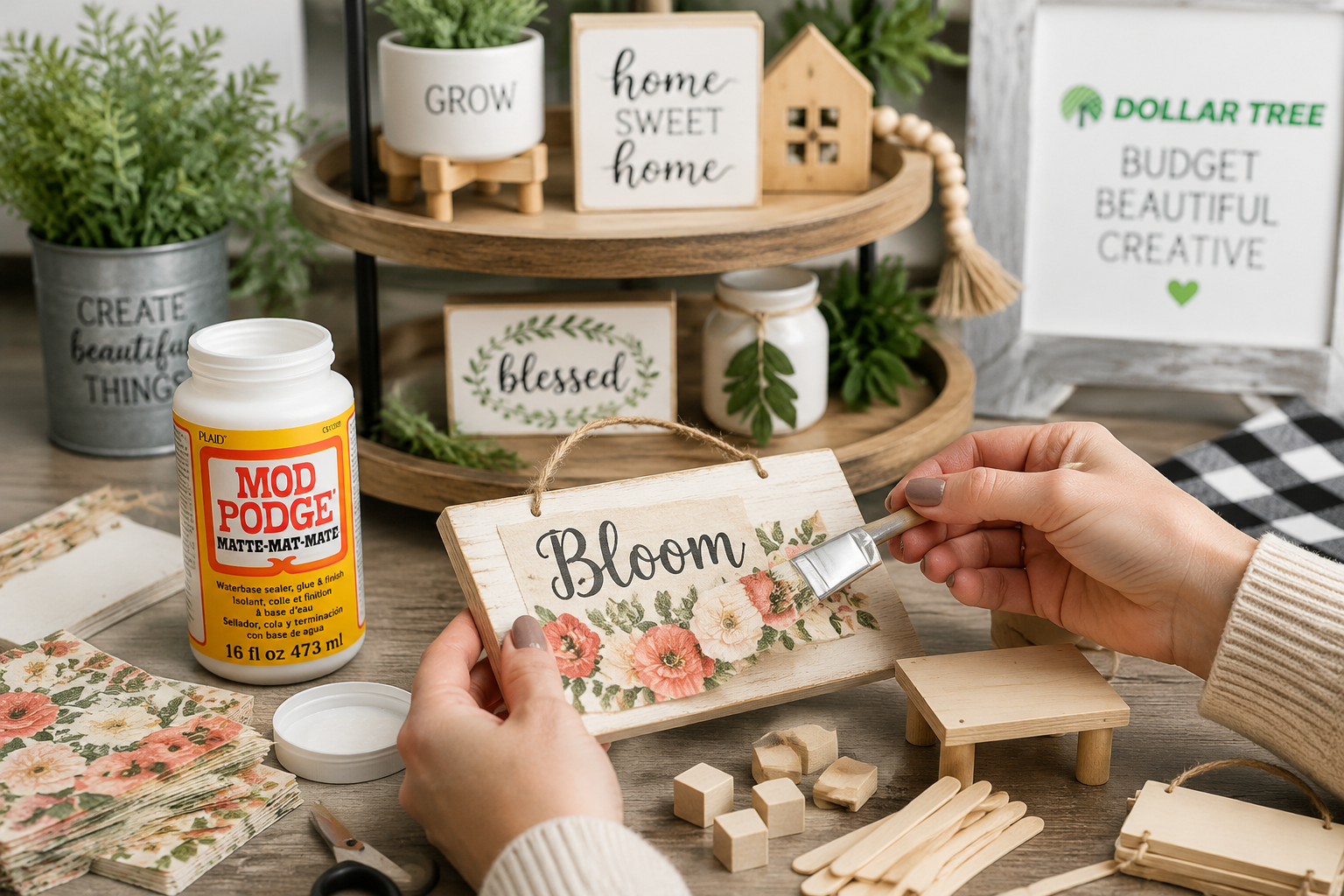 A detailed () image featuring a crafter's hands carefully decoupaging a small wooden Dollar Tree sign with a rustic floral