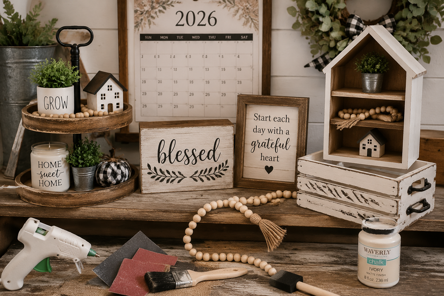A dynamic () image showcasing a collection of six distinct Dollar Tree farmhouse wood DIY projects arranged creatively on a