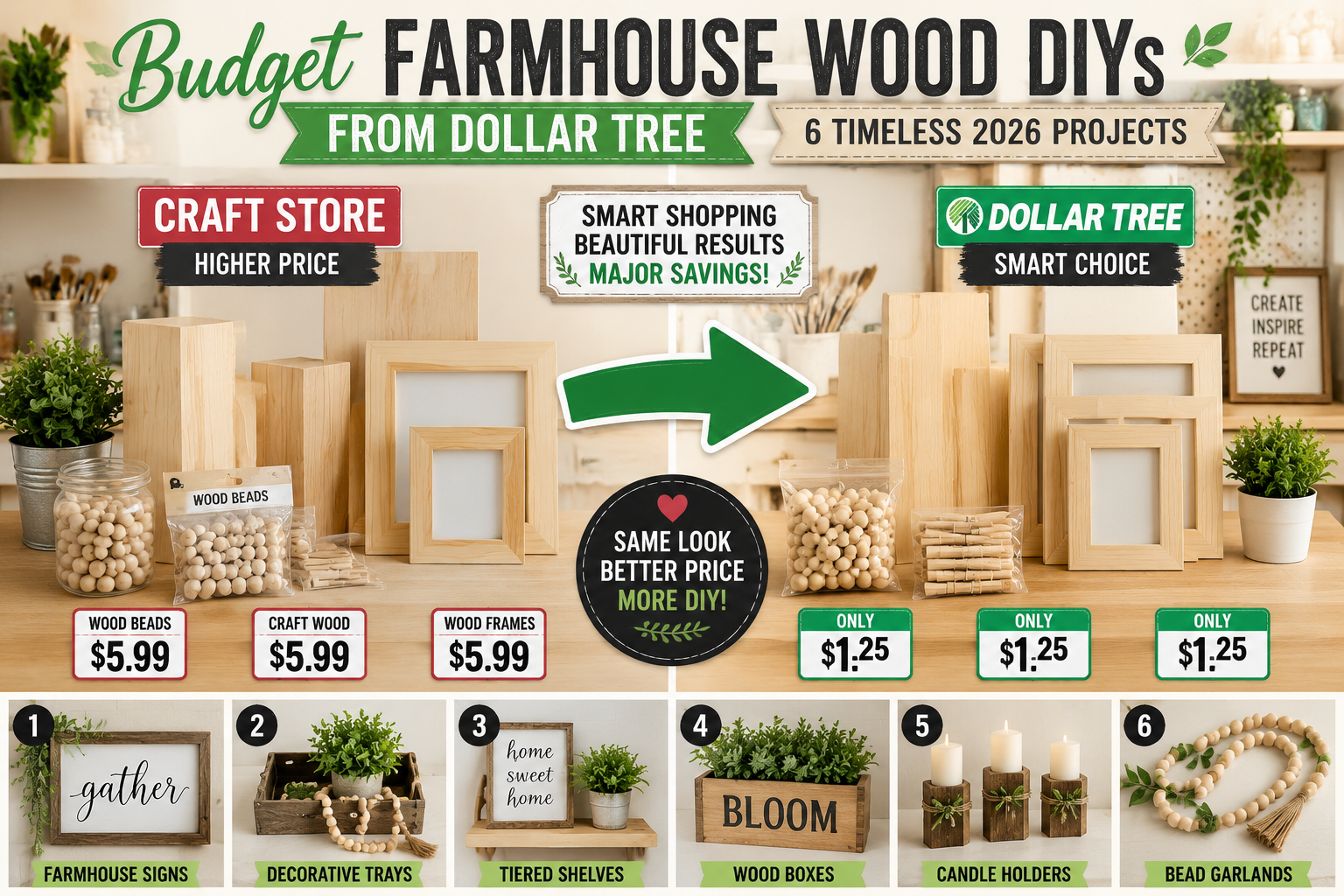 A vibrant () image presenting a side-by-side comparison of Dollar Tree wood crafting materials versus their expensive