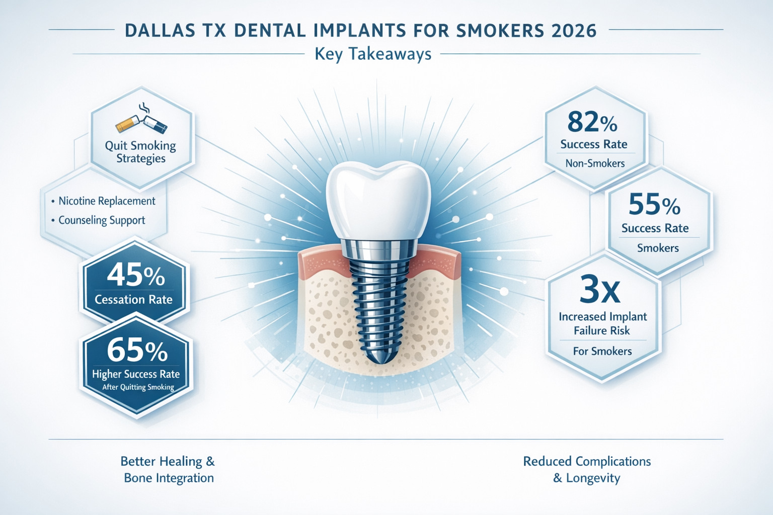 Key Takeaways infographic for Dallas TX Dental Implants for Smokers 2026, featuring a clean, medical-professional design with hexagonal inte