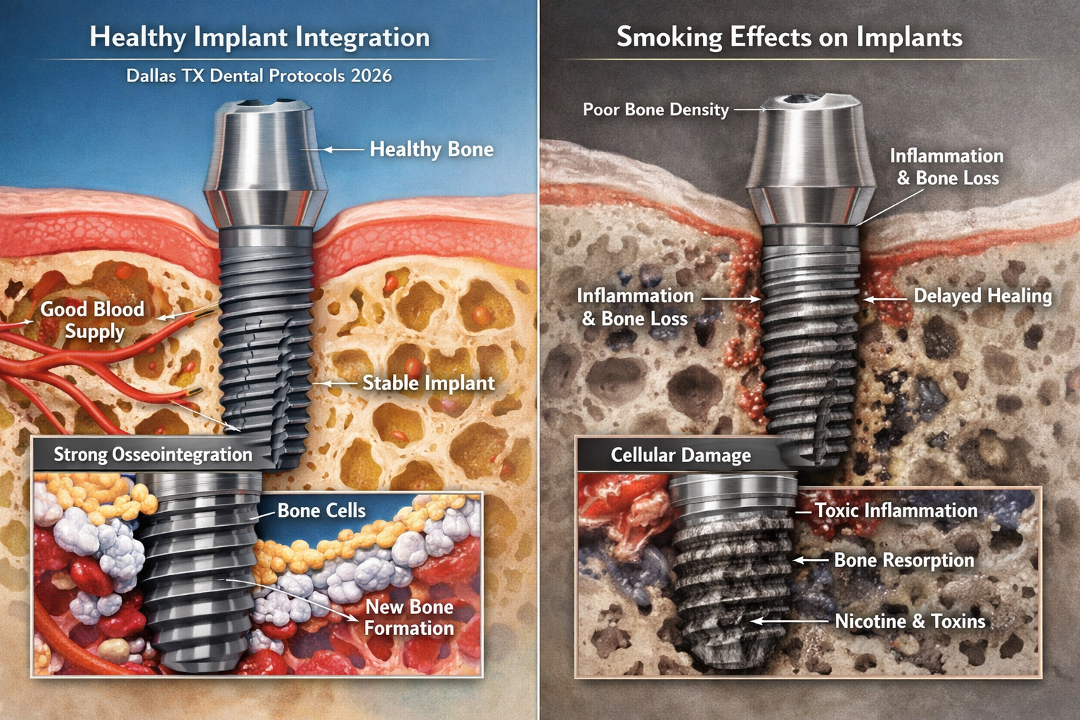 A split-screen medical illustration depicting the anatomical impact of smoking on dental implant integration, focusing on Dallas TX dental p