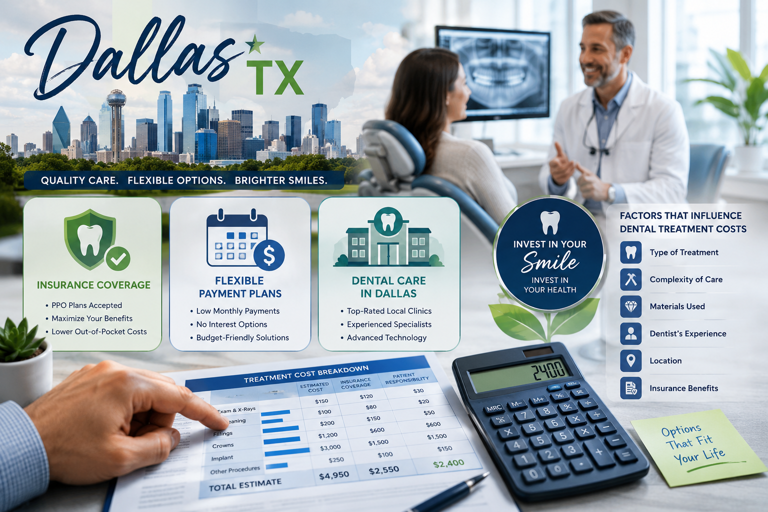 Detailed () image focusing on the various factors influencing dental treatment costs in Dallas and financing options. The