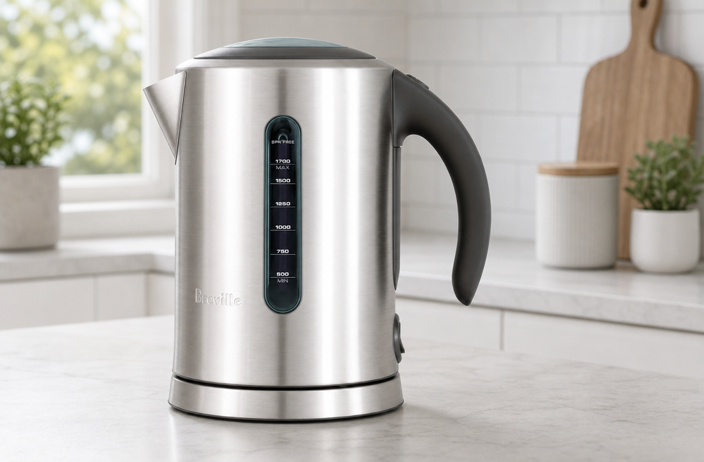 Breville the Soft Top Pure Kettle Detailed showcase of Breville BKE700BSS Soft Top Pure Kettle highlighting its brushed stainless steel exterior, soft-grip handle, push-button lid, and 360-degree swivel base on a clean kitchen countertop