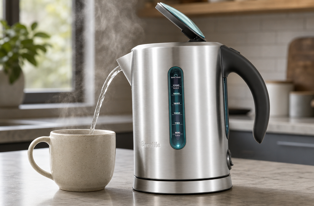 Breville the Soft Top Pure Kettle Review Detailed showcase of Breville BKE700BSS Soft Top Pure Kettle in action, lid opening mechanism demonstrated, steam releasing gently, dual water windows illuminated, kettle pouring hot water into a ceramic mug