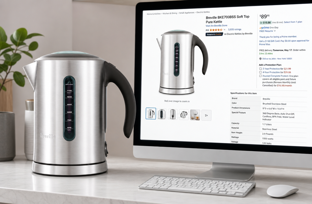 Breville the Soft Top Pure Kettle Detailed showcase of Breville BKE700BSS Soft Top Pure Kettle alongside its Amazon product listing page showing pricing options, protection plan tiers, and product specifications