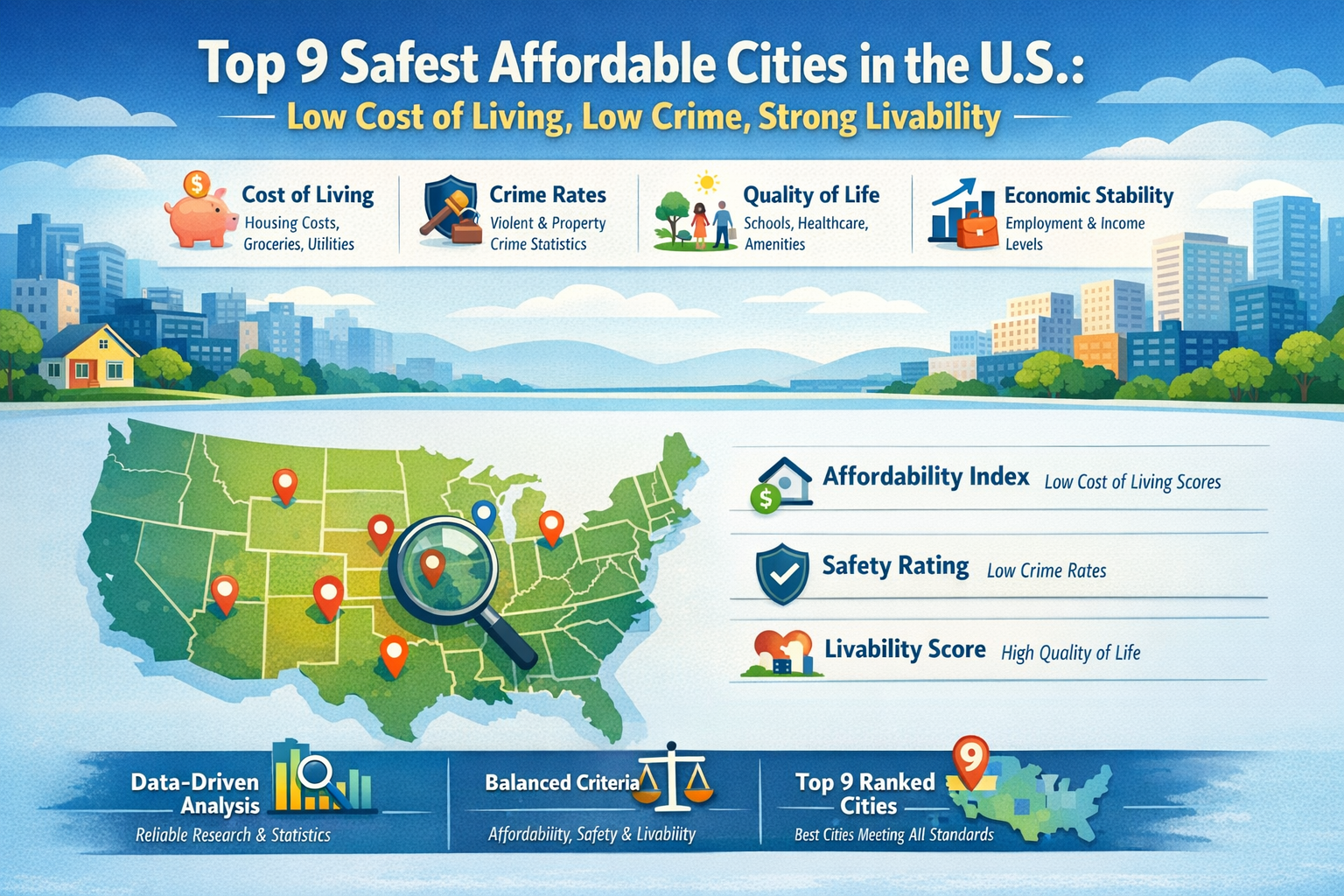 Professional landscape infographic (1536x1024) for article "Top 9 Safest Affordable Cities in the U.S.: Low Cost of Living, Low Crime, Stron