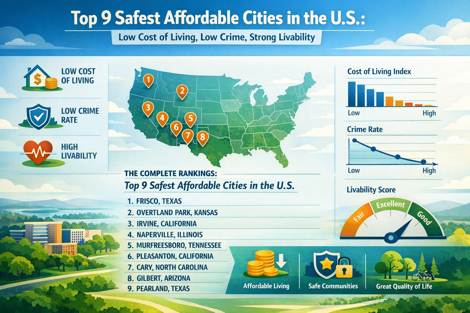 Professional landscape infographic (1536x1024) for article "Top 9 Safest Affordable Cities in the U.S.: Low Cost of Living, Low Crime, Stron