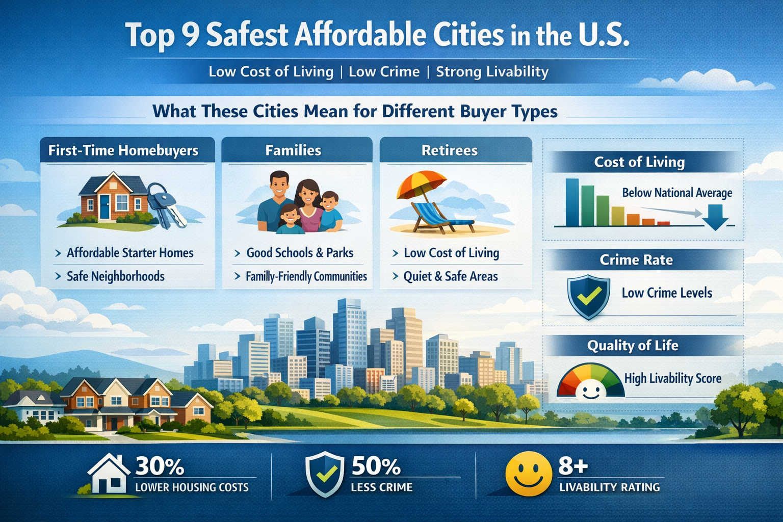 Professional landscape infographic (1536x1024) for article "Top 9 Safest Affordable Cities in the U.S.: Low Cost of Living, Low Crime, Stron