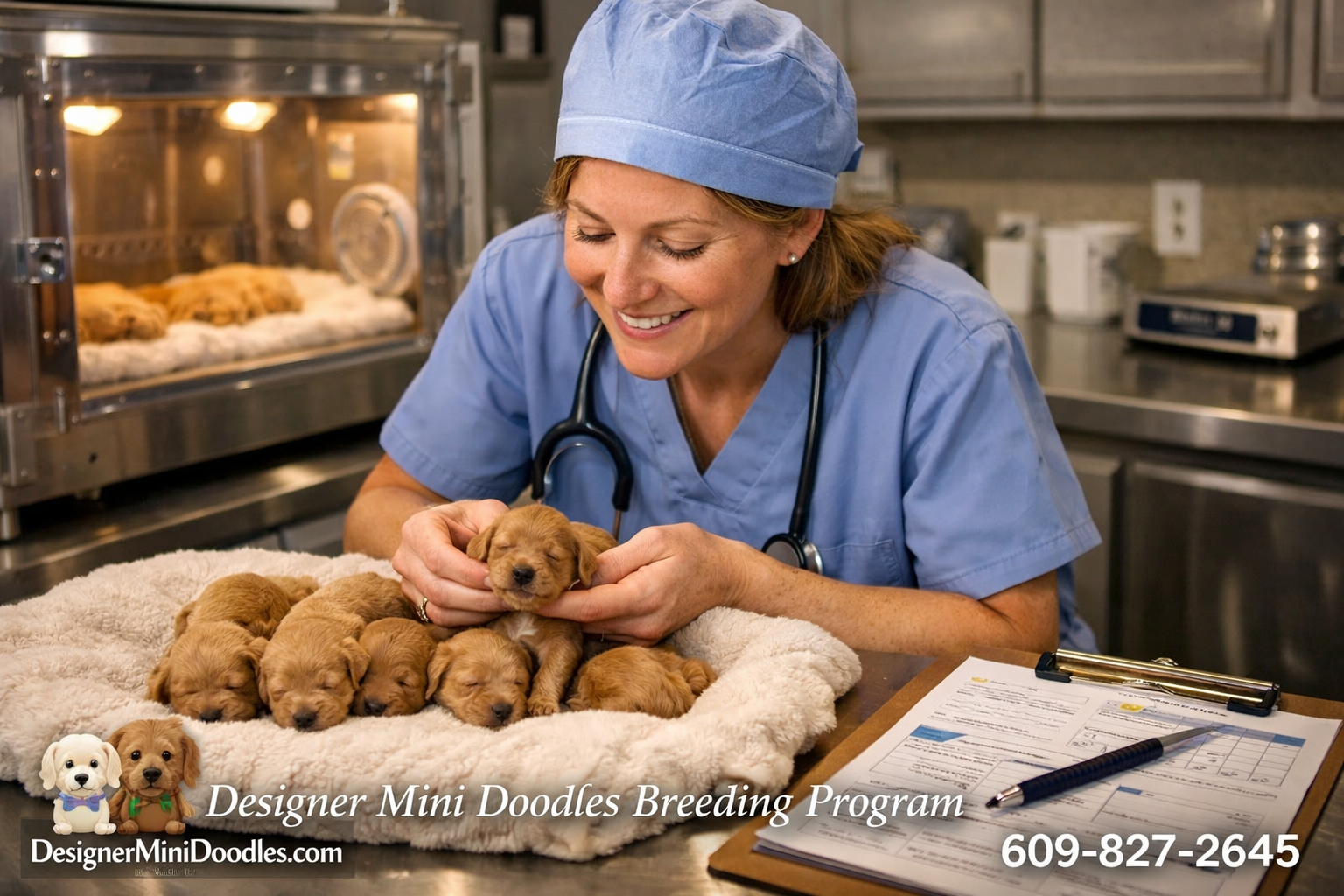 () editorial photograph of a professional animal biologist in a clean modern whelping room examining a litter of tiny golden
