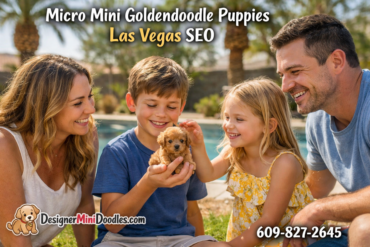 () warm lifestyle photograph of a happy family with two children playing with a tiny apricot micro mini goldendoodle puppy