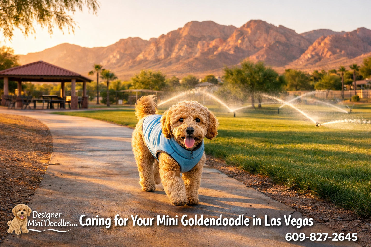 () professional photograph showing the Las Vegas desert climate with a well-groomed mini goldendoodle wearing a cooling vest
