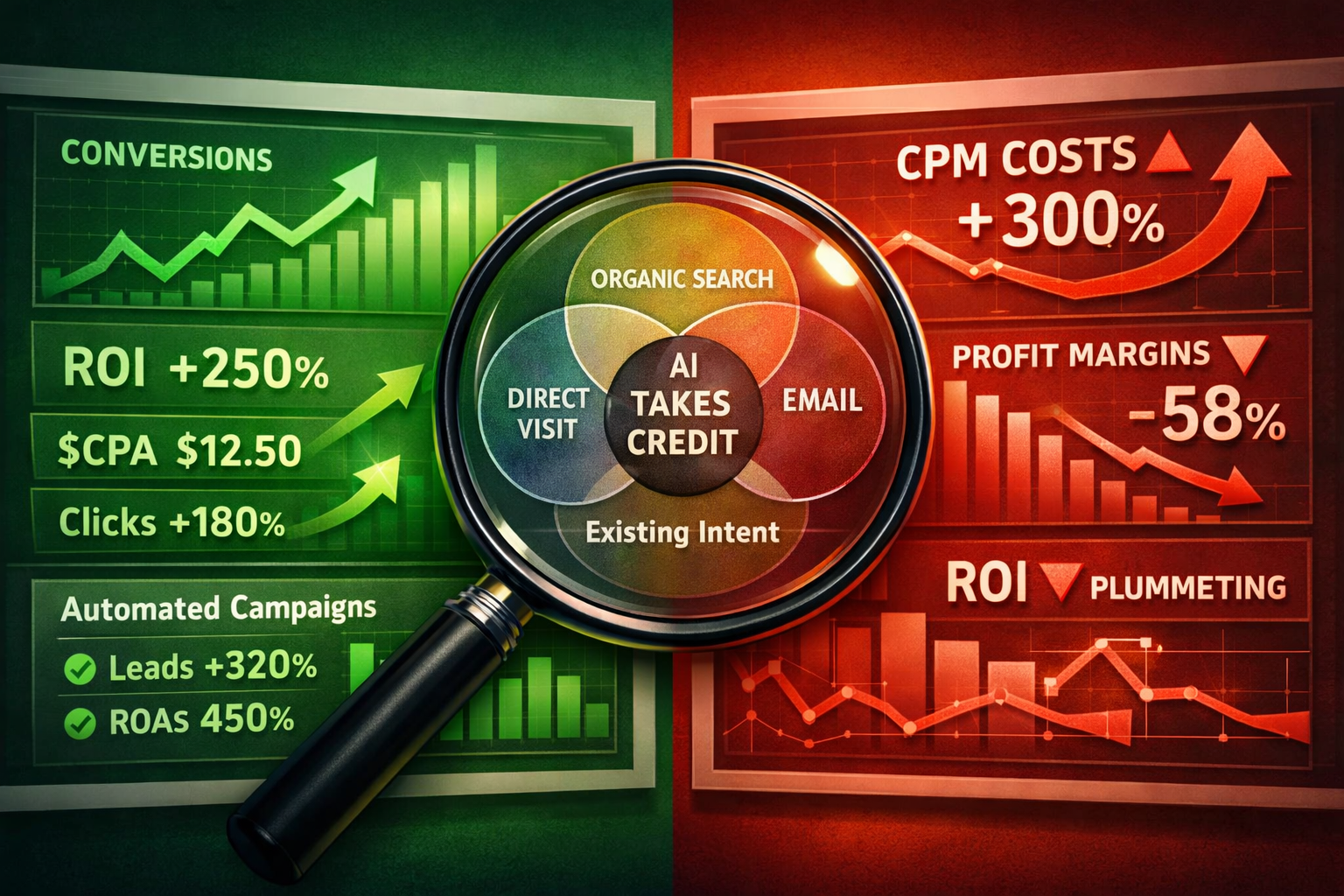 Landscape format (1536x1024) editorial illustration showing a dramatic before-and-after comparison of advertising dashboards. Left panel dis
