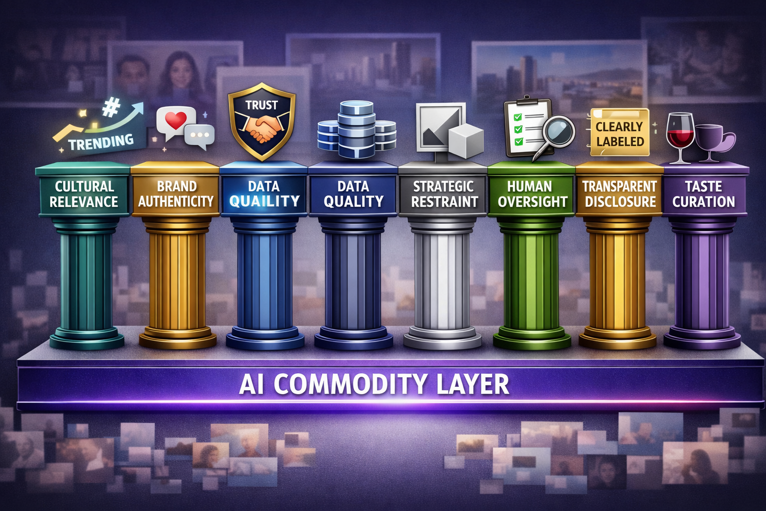 Landscape format (1536x1024) conceptual infographic showing seven distinct pillars or columns rising from a foundation labeled 'AI Commodity