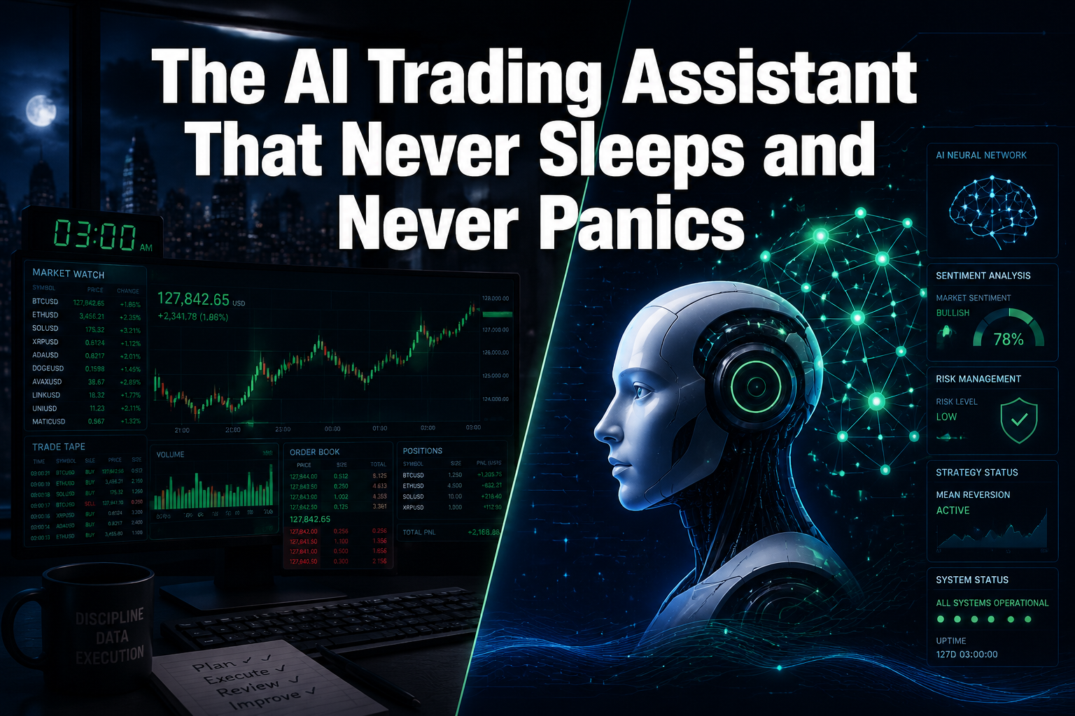 Professional () hero image with : 'The AI Trading Assistant That Never Sleeps and Never Panics' in extra large white with