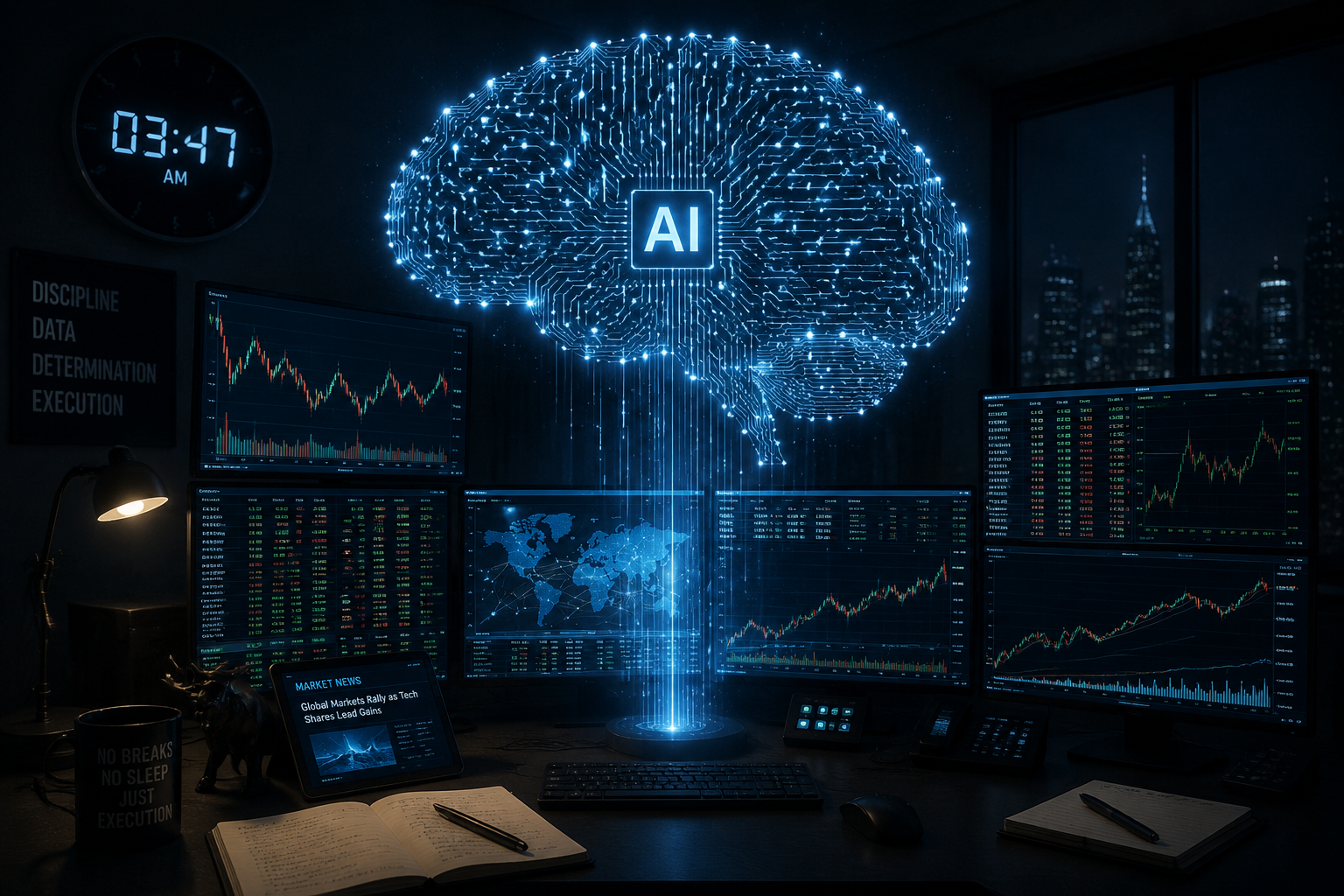 Wide landscape () editorial illustration showing a glowing AI brain composed of circuit board patterns hovering above a