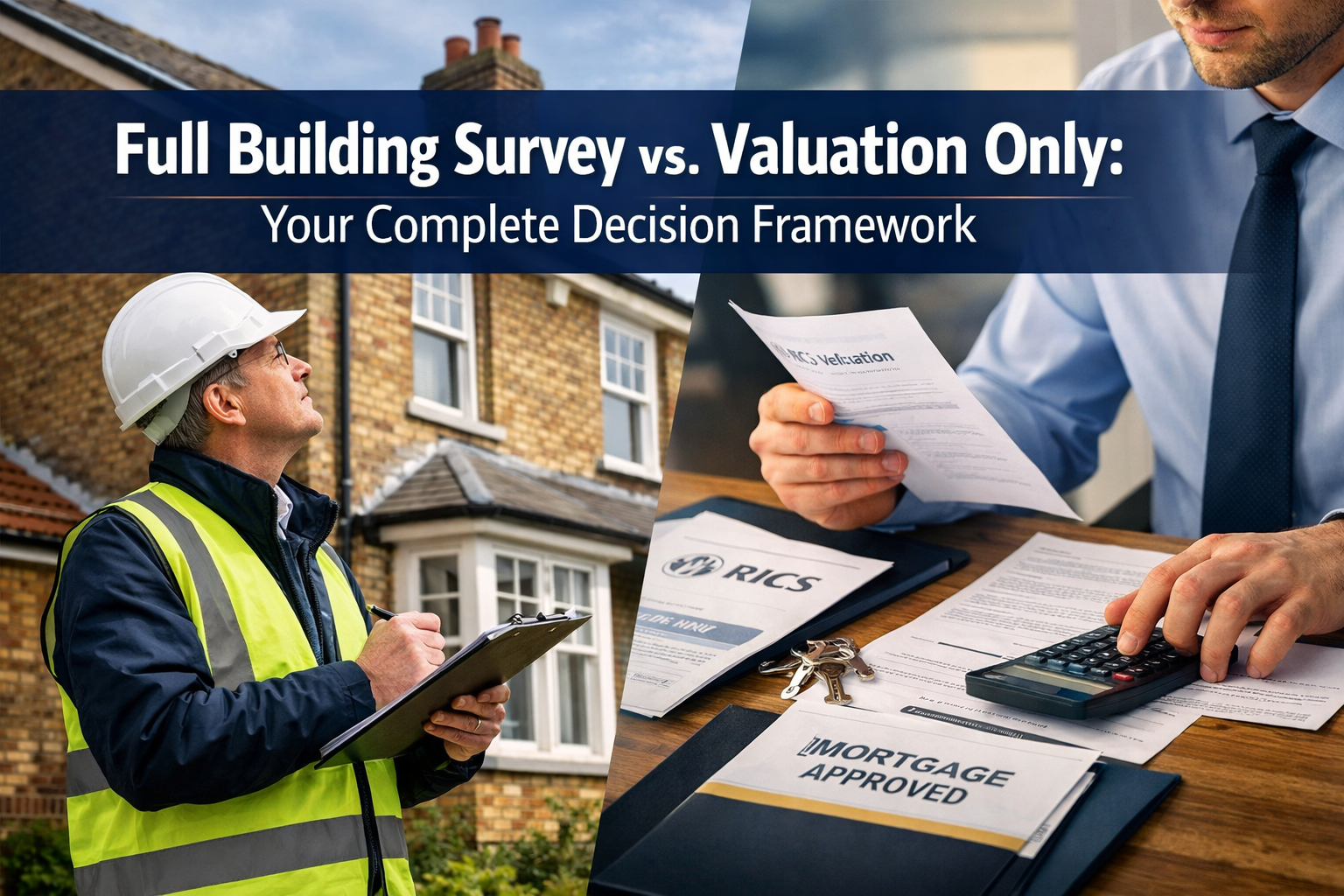 Professional () hero image featuring 'Full Building Survey vs. Valuation Only: Your Complete Decision Framework' in extra