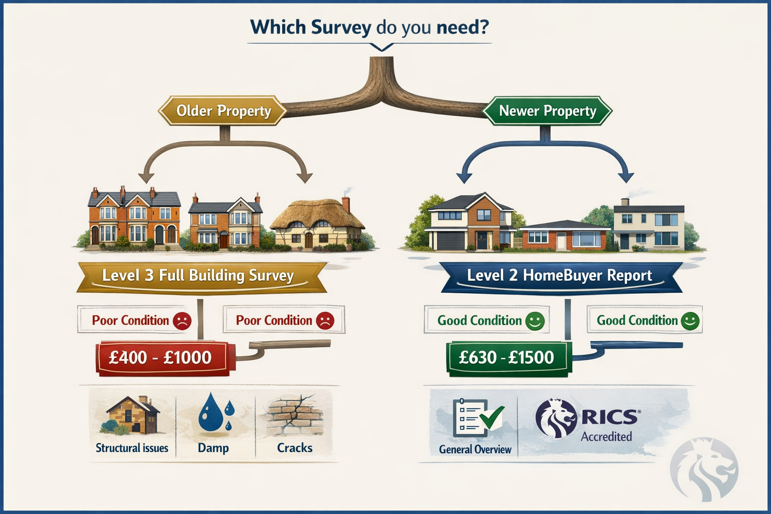 Detailed () infographic showing decision tree flowchart for choosing between Level 2 and Level 3 surveys. Central trunk
