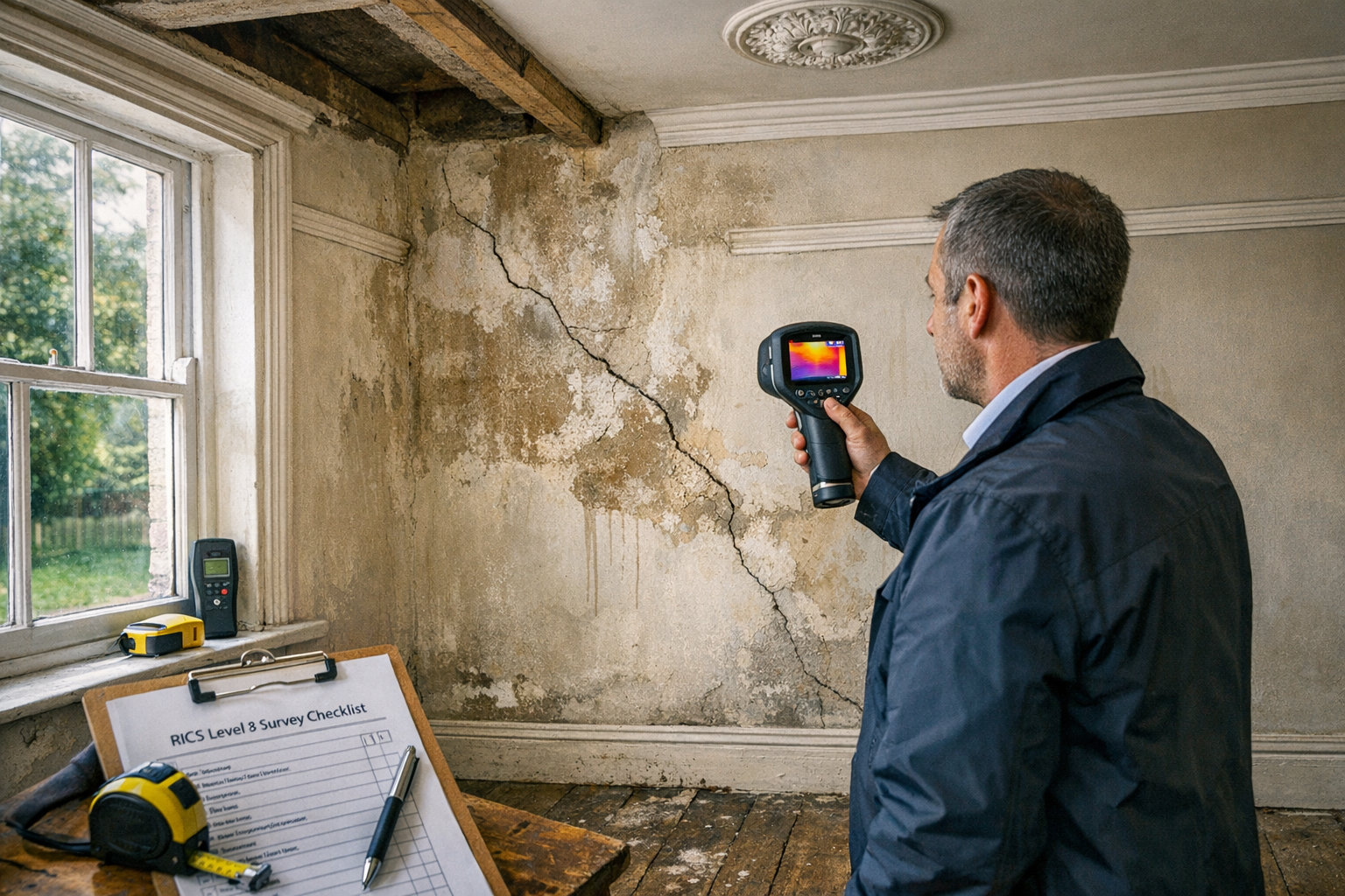 Detailed () photograph of UK chartered surveyor conducting detailed property inspection inside period home. Surveyor wearing