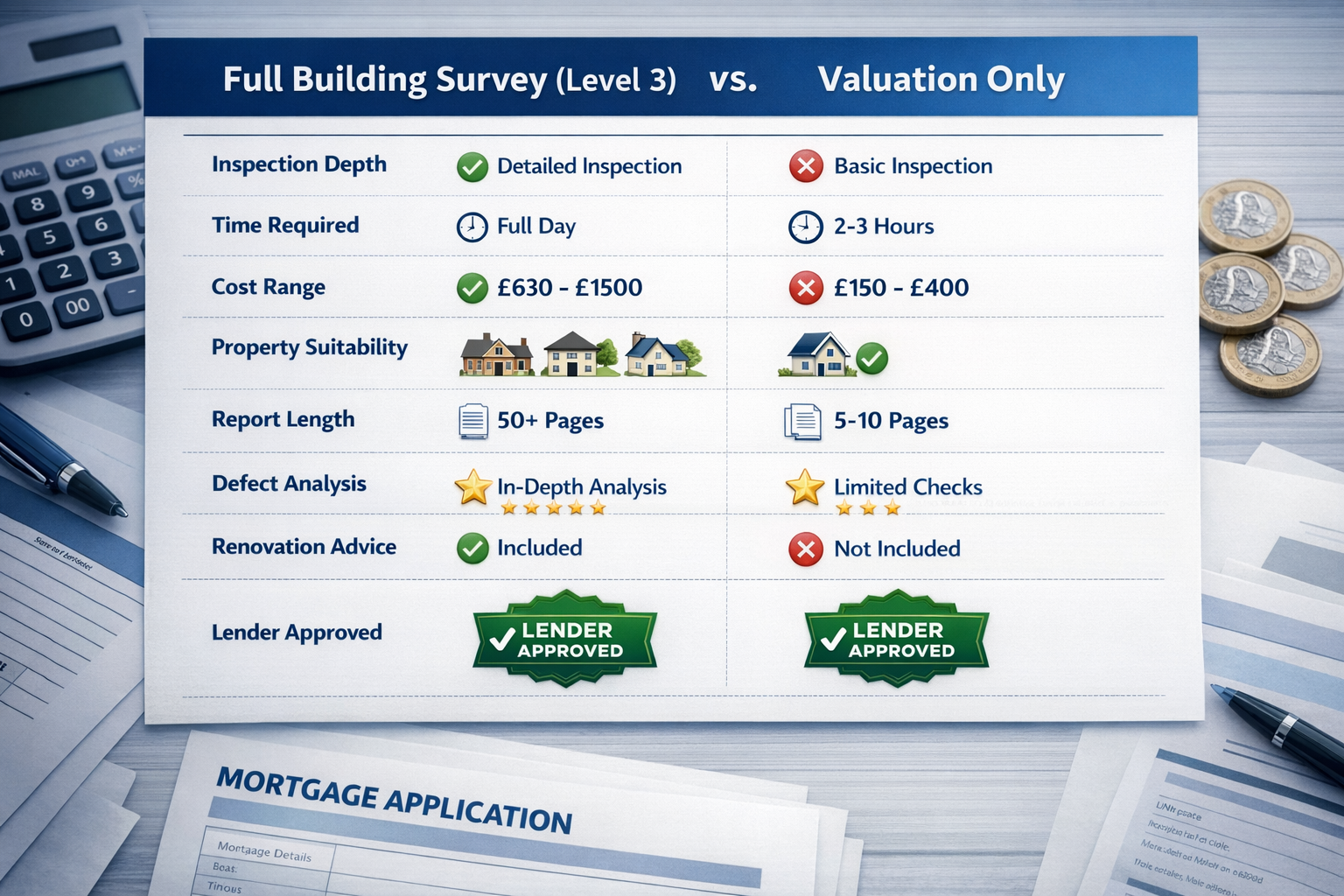 Detailed () comparison table visualization showing two columns side-by-side. Left column header 'Full Building Survey (Level