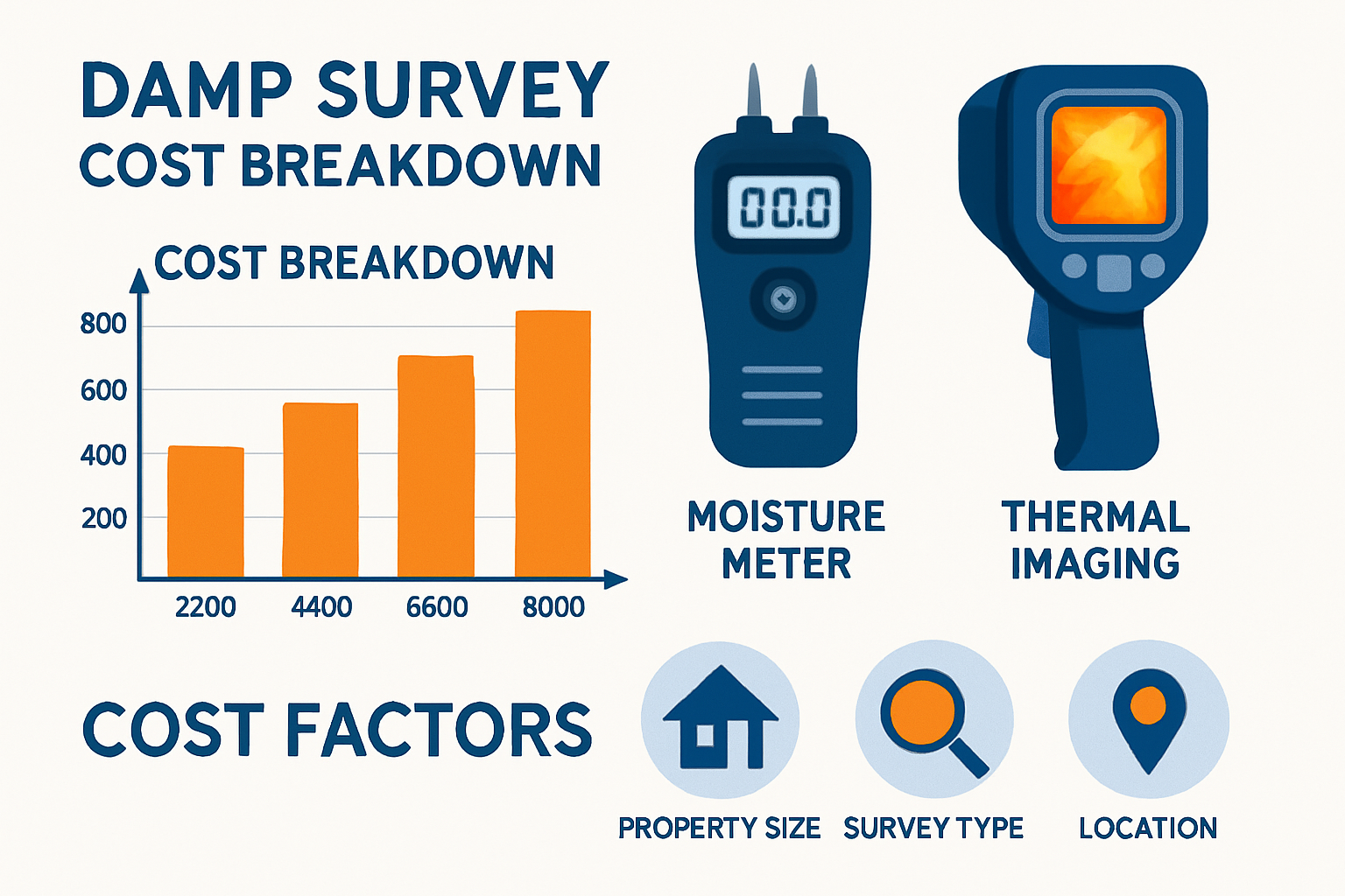 Detailed infographic showing damp survey cost breakdown with bar charts displaying price ranges £200-£800, moisture meter and thermal imagin
